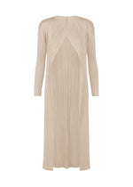 The SWING SOLID dress by PLEATS PLEASE ISSEY MIYAKE is a long, beige, pleated piece with long sleeves, a V-neckline, textured vertical and diagonal lines, and a wide slit for versatile styling. - GREIGE （no.42）