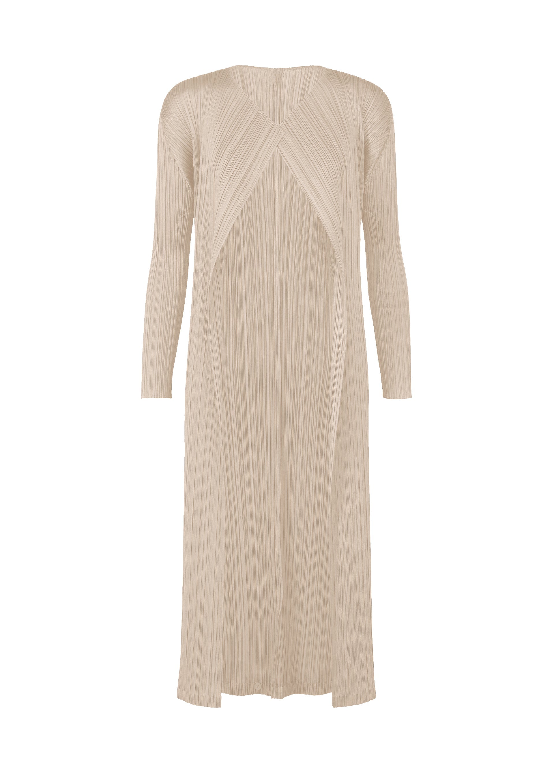 Zoomed view The SWING SOLID dress by PLEATS PLEASE ISSEY MIYAKE is a long, beige, pleated piece with long sleeves, a V-neckline, textured vertical and diagonal lines, and a wide slit for versatile styling. - GREIGE （no.42）