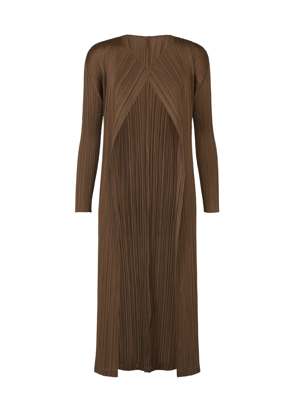 The SWING SOLID dress by PLEATS PLEASE ISSEY MIYAKE features long sleeves, a V-neck, pleated crinkled fabric, and a relaxed straight fit. Style it solo or layer with a cardigan—its subtle wide slit adds versatile flair. view 3 of 5