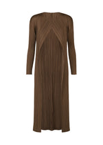 The SWING SOLID dress by PLEATS PLEASE ISSEY MIYAKE features long sleeves, a V-neck, pleated crinkled fabric, and a relaxed straight fit. Style it solo or layer with a cardigan—its subtle wide slit adds versatile flair. - BROWN （no.44）