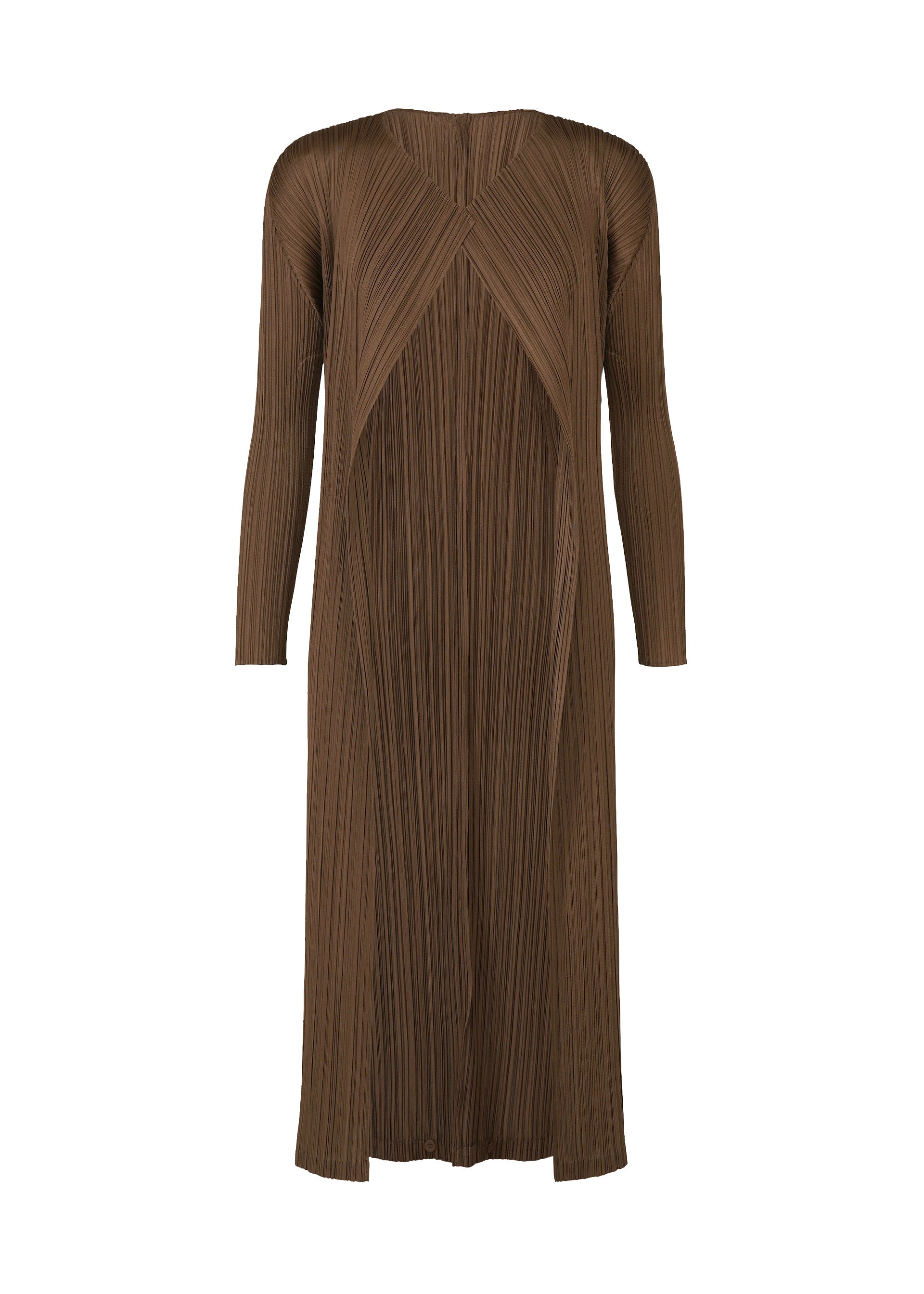 Zoomed view The SWING SOLID dress by PLEATS PLEASE ISSEY MIYAKE features long sleeves, a V-neck, pleated crinkled fabric, and a relaxed straight fit. Style it solo or layer with a cardigan—its subtle wide slit adds versatile flair. - BROWN （no.44）