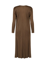 The SWING SOLID by PLEATS PLEASE ISSEY MIYAKE is a long-sleeved brown midi dress with pleats, shown from the back. It features a wide slit for movement and a straight fit.