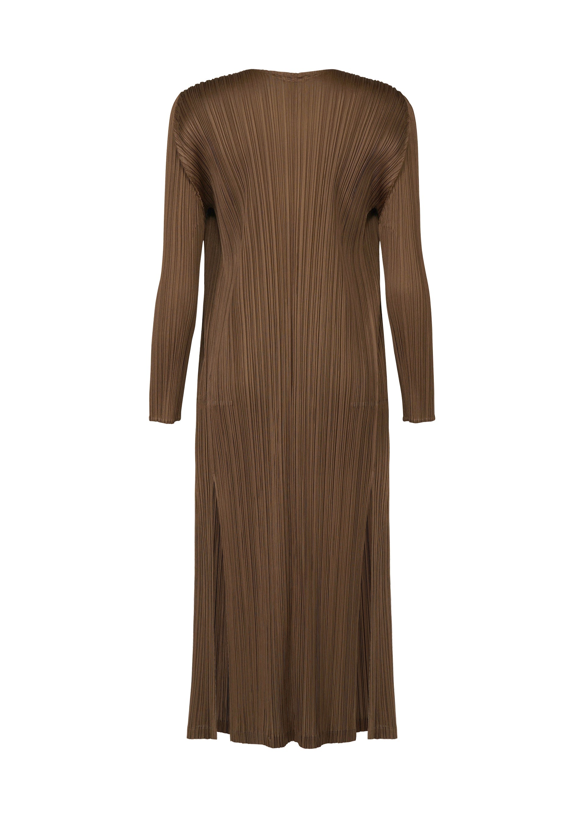 Zoomed view The SWING SOLID by PLEATS PLEASE ISSEY MIYAKE is a long-sleeved brown midi dress with pleats, shown from the back. It features a wide slit for movement and a straight fit.