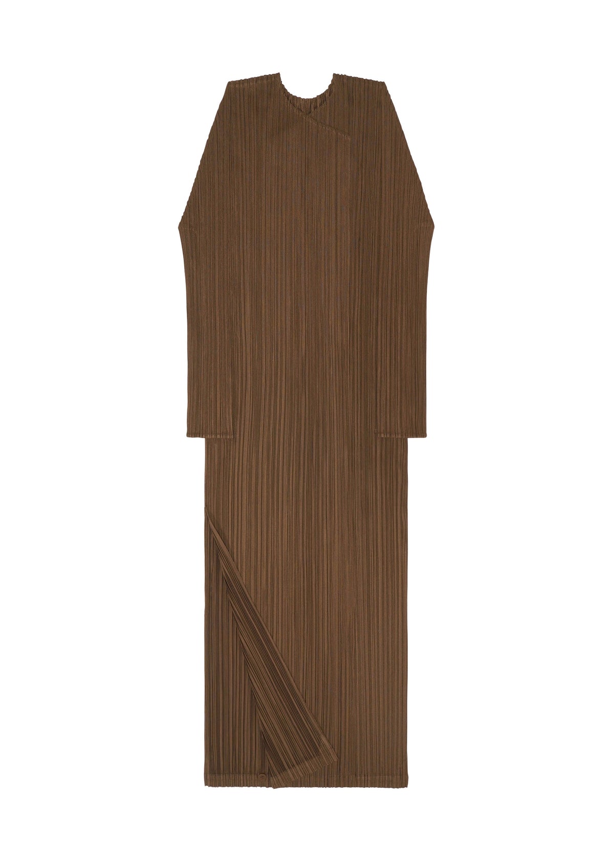 SWING SOLID by PLEATS PLEASE ISSEY MIYAKE: a brown long-sleeve dress with a round neckline, all-over pleated texture, asymmetrical pleated detail, and a wide bottom slit. Displayed flat on a white background. view 5 of 5