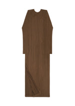 SWING SOLID by PLEATS PLEASE ISSEY MIYAKE: a brown long-sleeve dress with a round neckline, all-over pleated texture, asymmetrical pleated detail, and a wide bottom slit. Displayed flat on a white background.