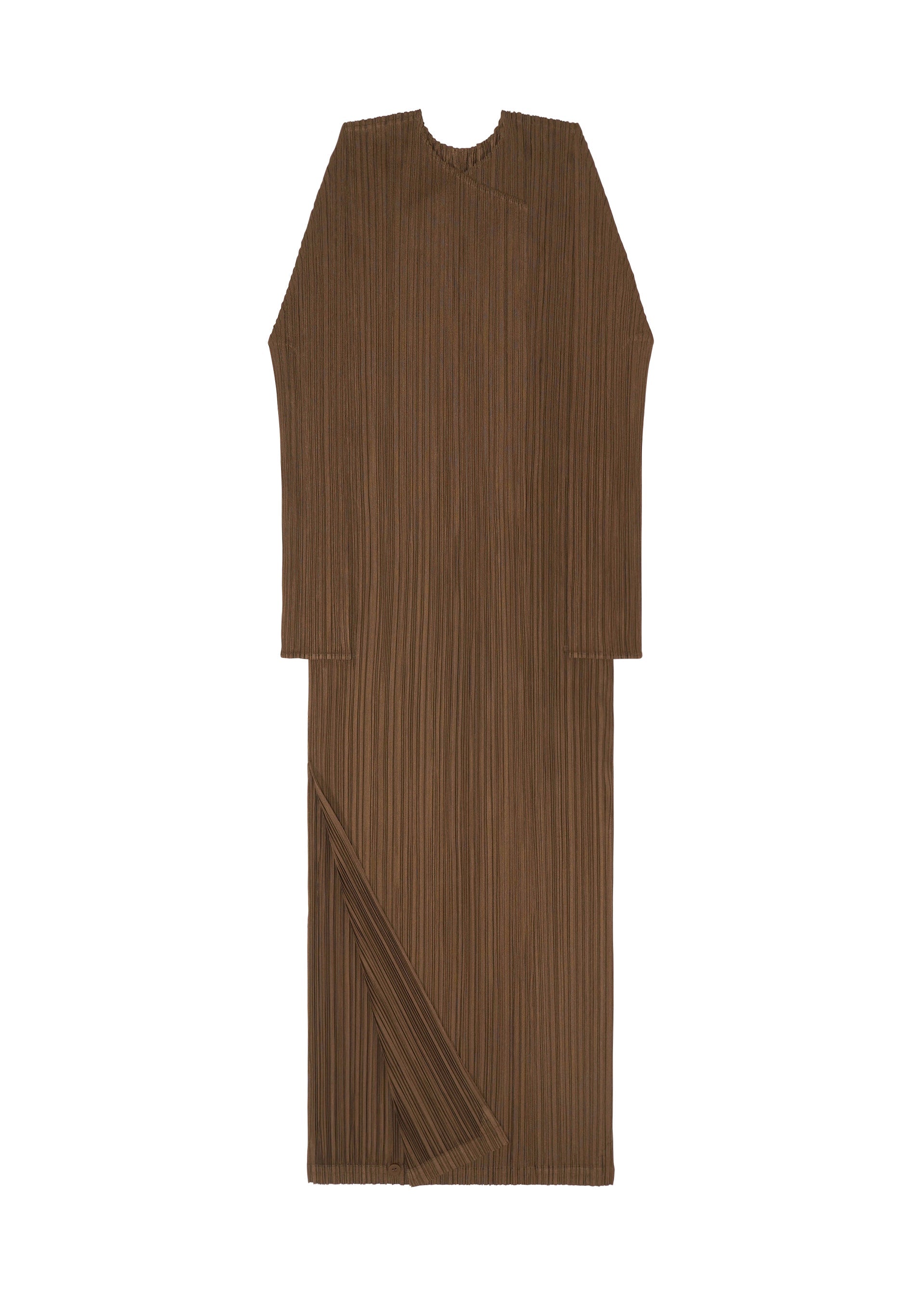 Zoomed view SWING SOLID by PLEATS PLEASE ISSEY MIYAKE: a brown long-sleeve dress with a round neckline, all-over pleated texture, asymmetrical pleated detail, and a wide bottom slit. Displayed flat on a white background.