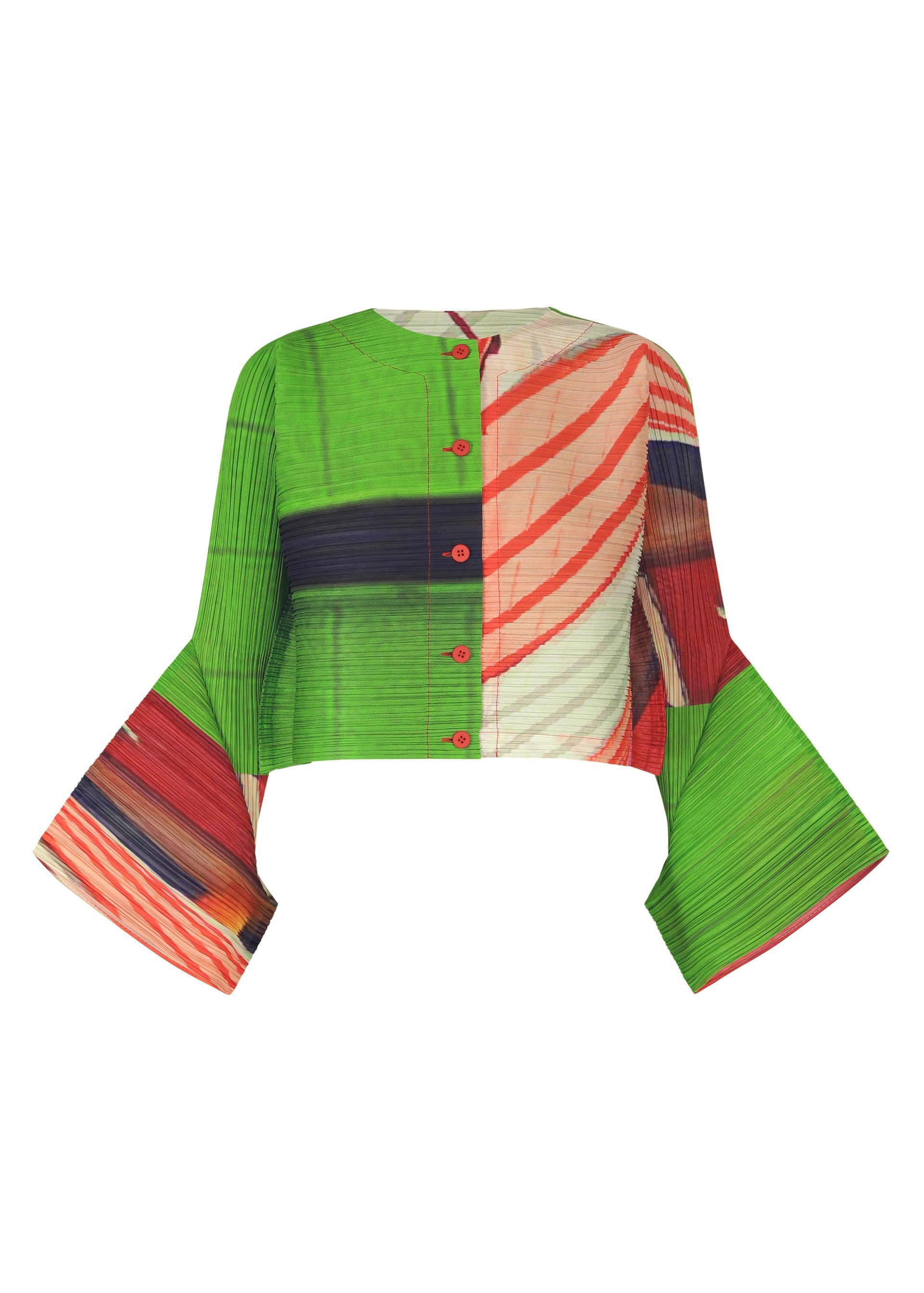 Zoomed view The CITY COLLAGE blouse by PLEATS PLEASE ISSEY MIYAKE is a cropped style with flared sleeves, adorned in green, red, navy blue, and cream collage patterns with bold red buttons down the front. - RED×GREEN （no.08）