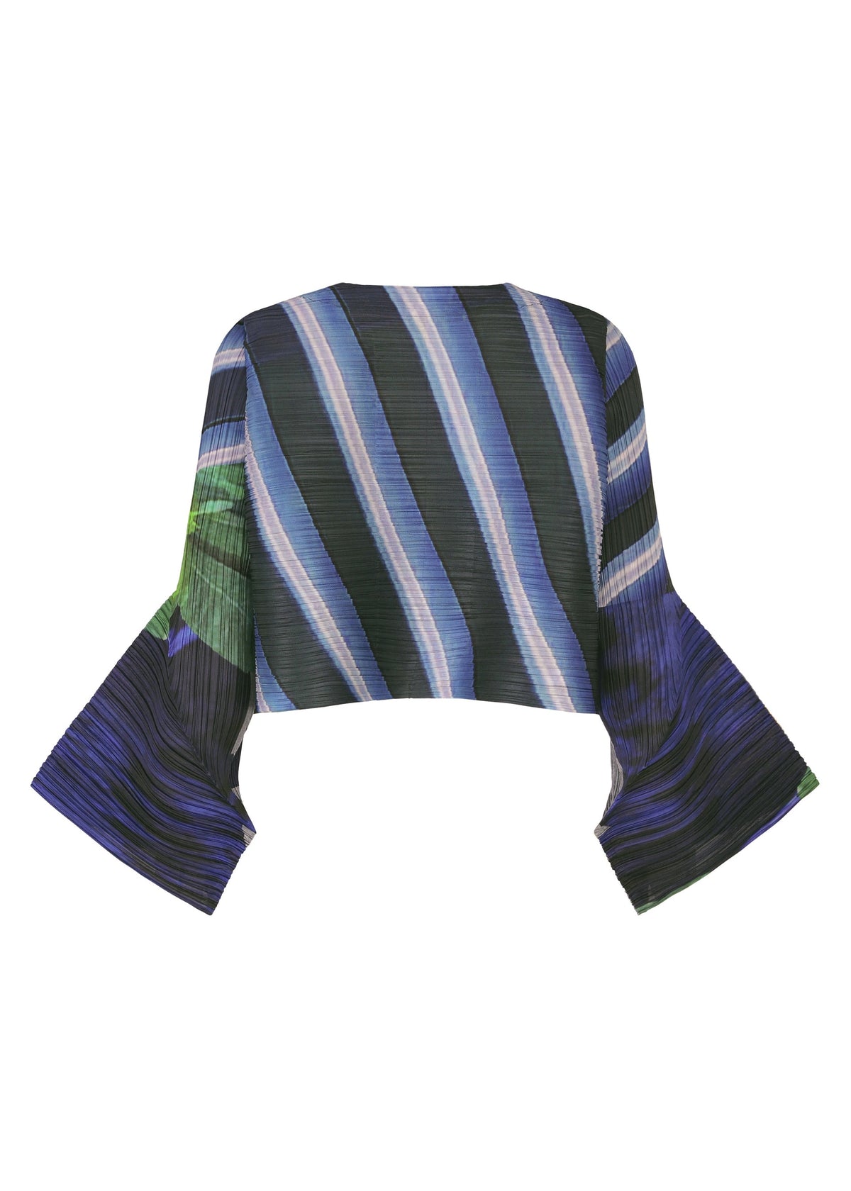 The image features the CITY COLLAGE cropped blouse by PLEATS PLEASE ISSEY MIYAKE, with wide flared sleeves, a blue, black, and green abstract stripe pattern, horizontal pleats, and a textured finish highlighting the back. view 4 of 7