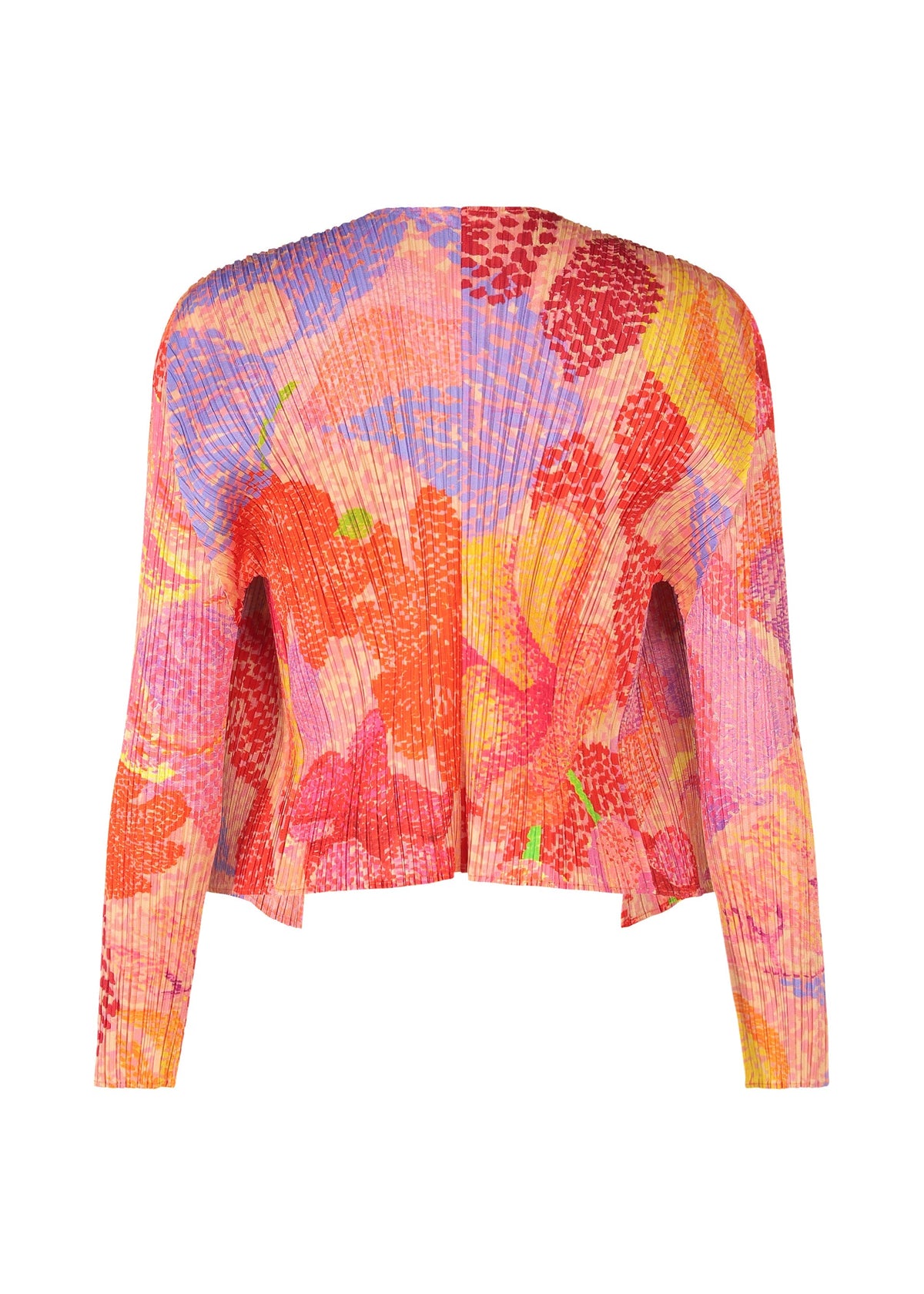 The FOGGY FOREST cardigan by PLEATS PLEASE ISSEY MIYAKE features long sleeves, misty pleated fabric, a vibrant abstract print in red, pink, orange, yellow with purple and green accents, an open front, and an uneven hem. view 3 of 6