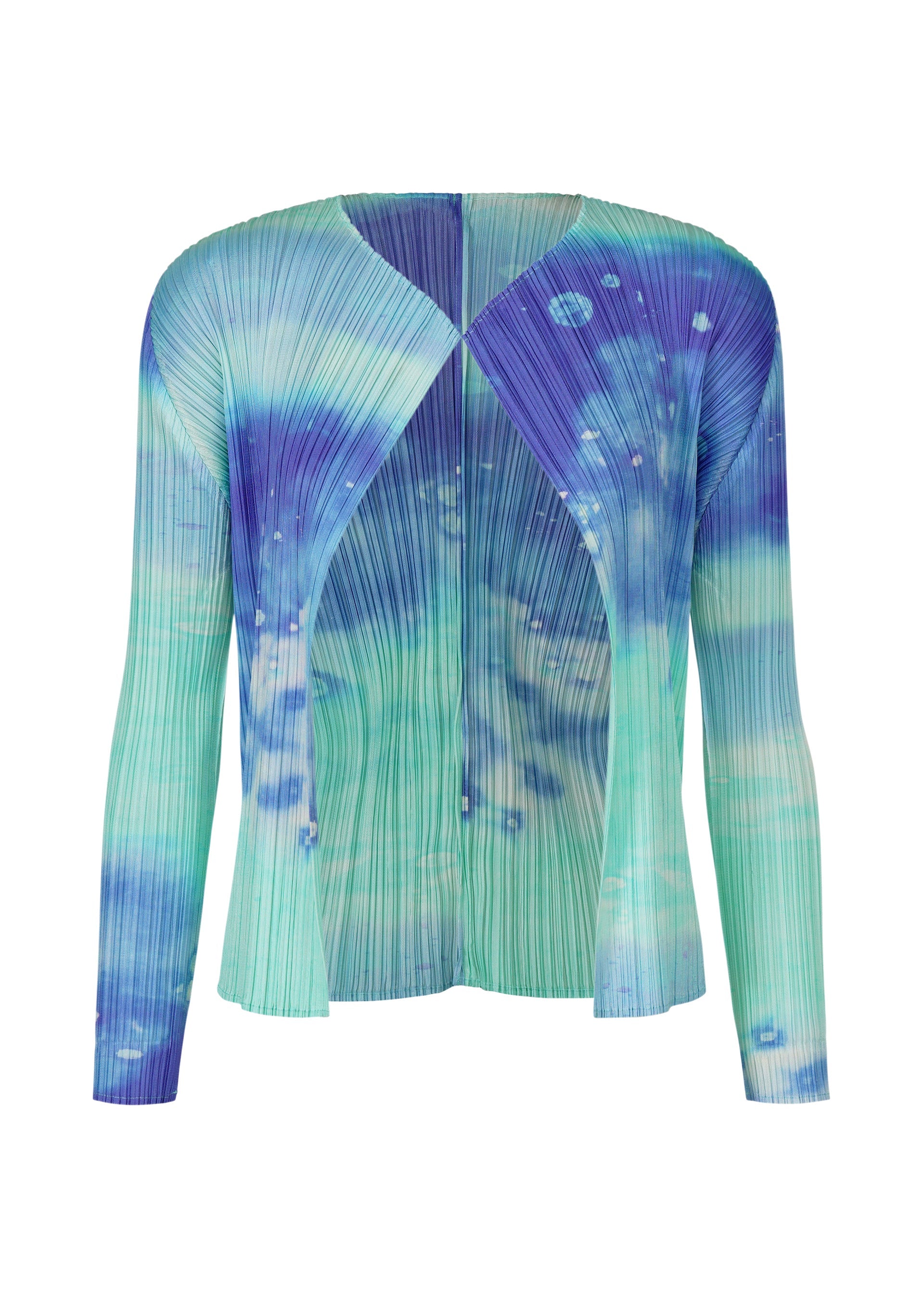 Zoomed view The SEA BUBBLE cardigan by PLEATS PLEASE ISSEY MIYAKE features long sleeves, pleats, and an open front with a blue and teal watercolor pattern—ideal for a breezy day at the beach. - BLUE （no.72）