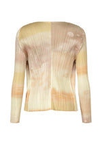 The SEA BUBBLE top by PLEATS PLEASE ISSEY MIYAKE is a long-sleeve, pleated garment with a soft beige, cream, and light peach gradient and a subtle sea-inspired sheen, shown from the back.