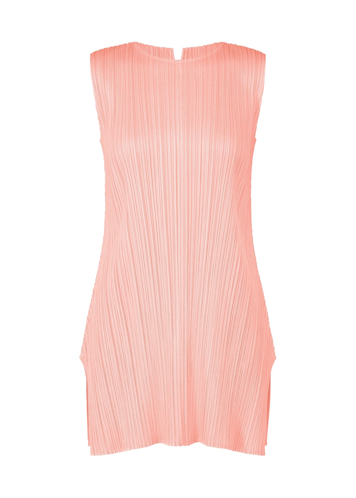The MONTHLY COLORS : MARCH by PLEATS PLEASE ISSEY MIYAKE is a sleeveless light pink pleated tunic top featuring a round, high neckline and relaxed fit, shown on a white background. view 1 of 11