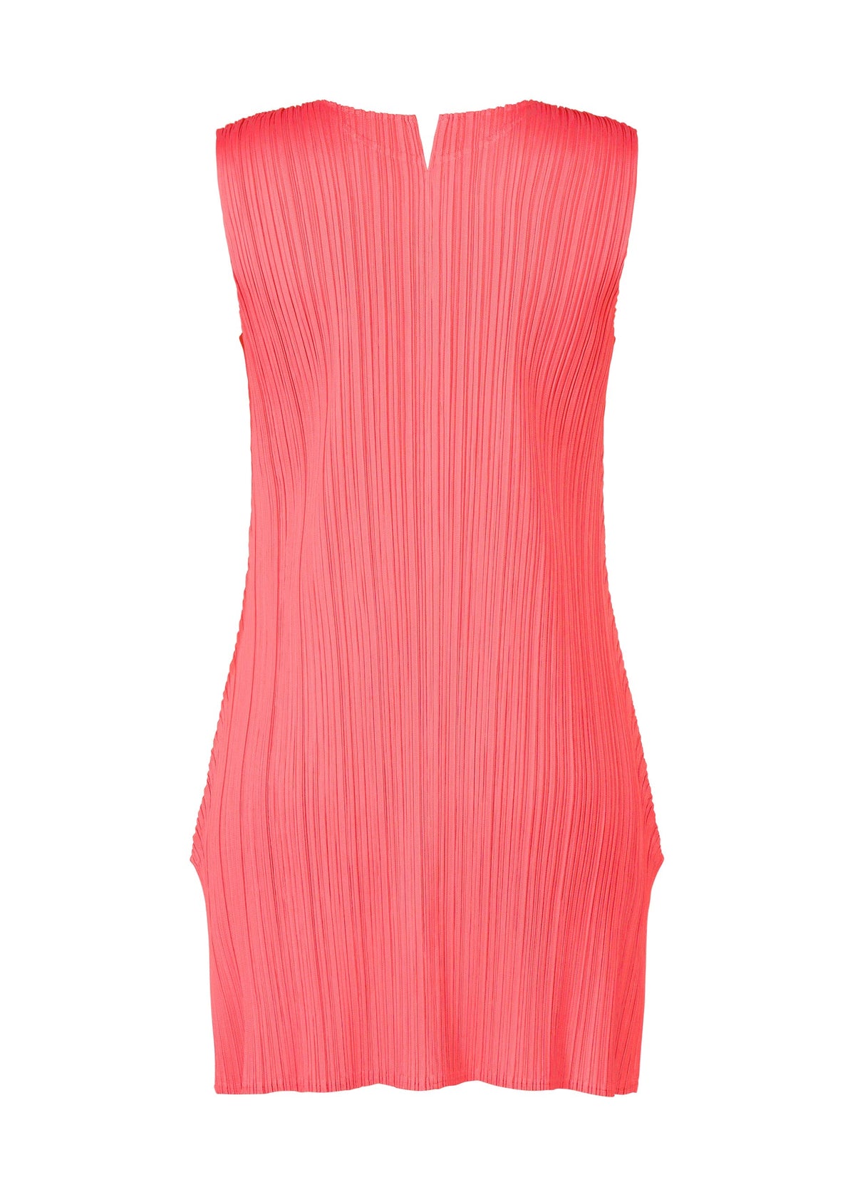 The MONTHLY COLORS : MARCH dress by PLEATS PLEASE ISSEY MIYAKE is a sleeveless, knee-length tunic in bright coral pink with vertical pleats and a soft texture. It features a subtle V-notch at the back neckline and is shown on a white background. view 6 of 11