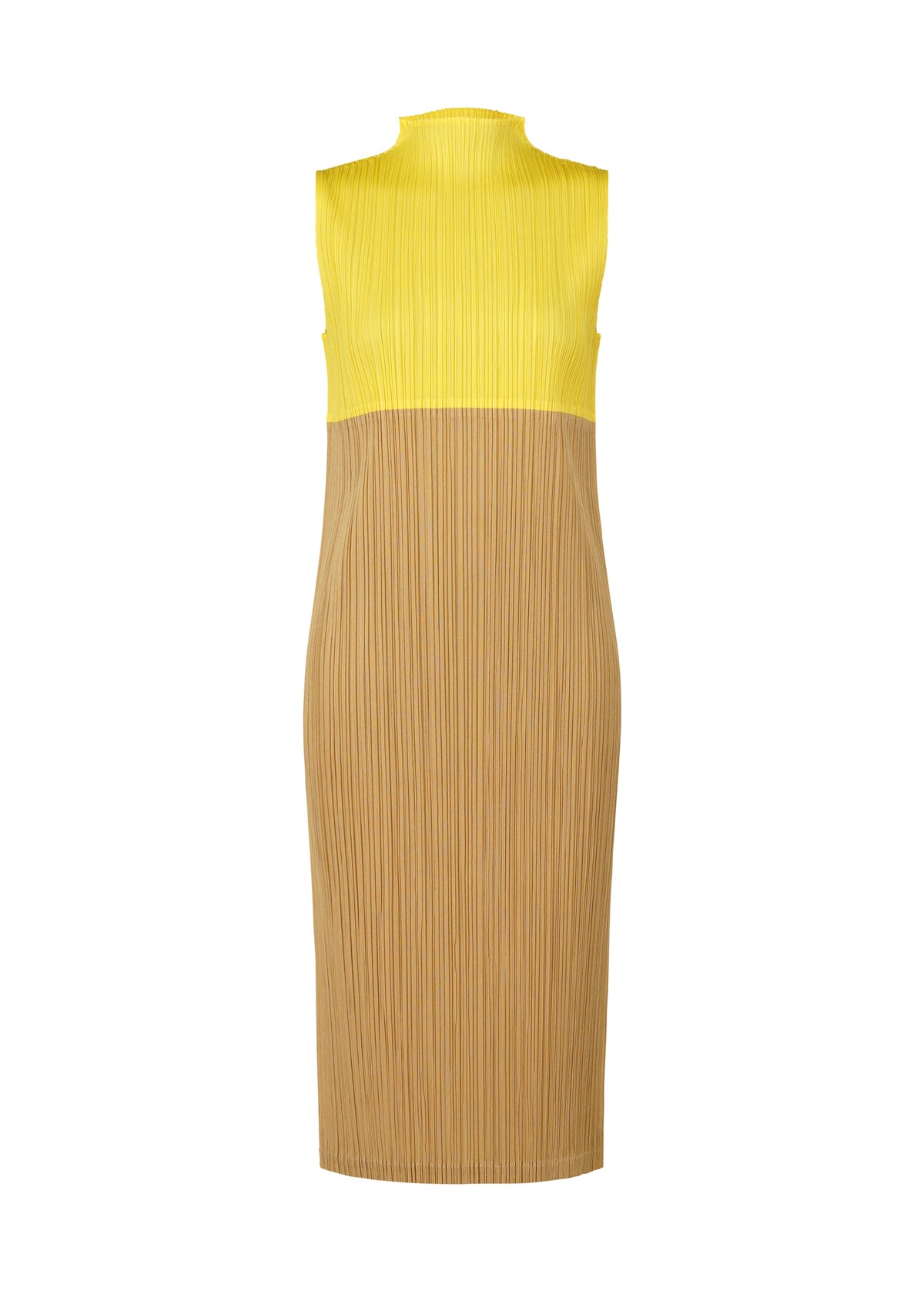 The SWING tunic by PLEATS PLEASE ISSEY MIYAKE is sleeveless, knee-length, and features a pleated high-neck design in two tones: yellow on top, light brown below. Perfect for versatile styling. view 1 of 12