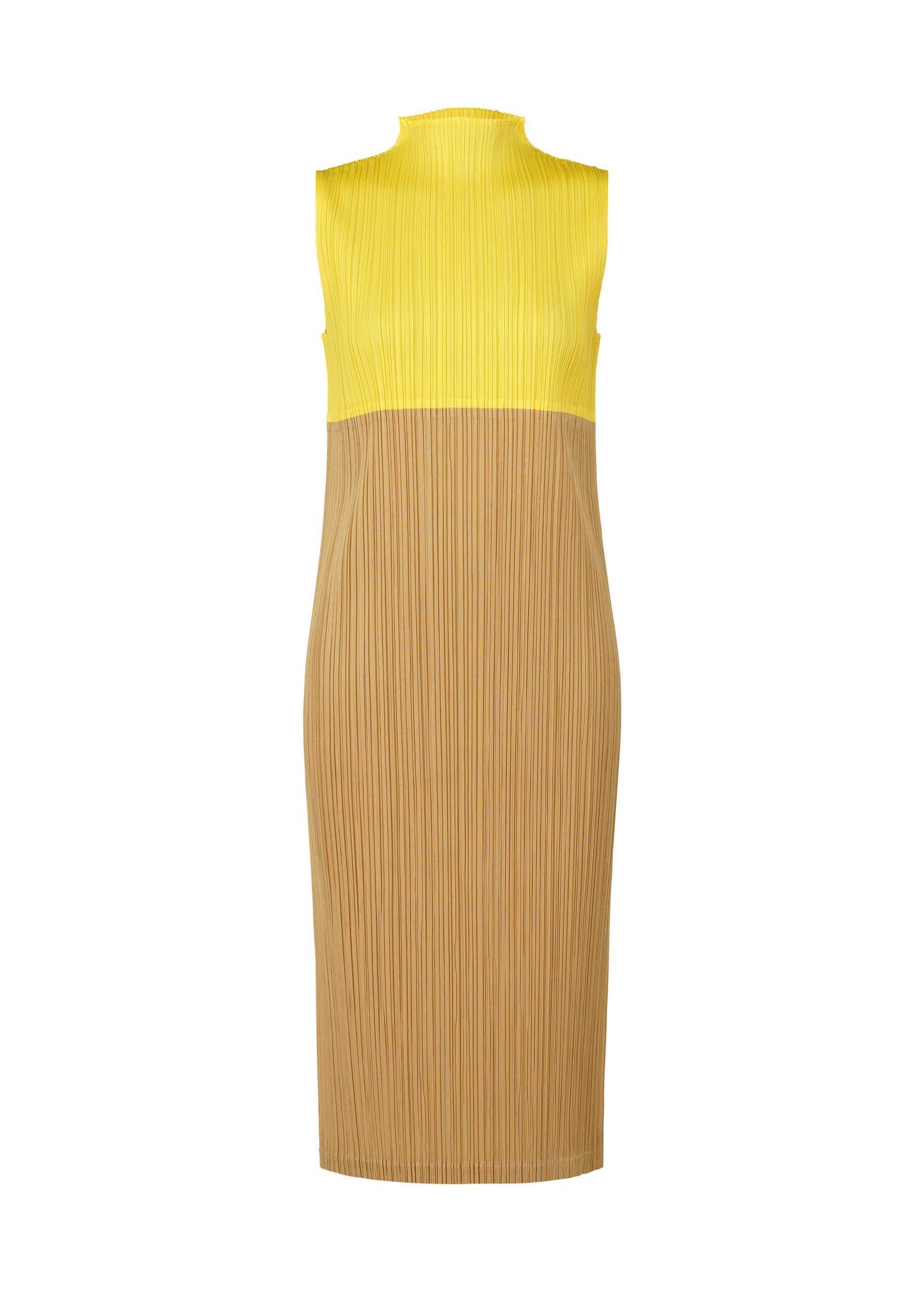 Zoomed view The SWING tunic by PLEATS PLEASE ISSEY MIYAKE is sleeveless, knee-length, and features a pleated high-neck design in two tones: yellow on top, light brown below. Perfect for versatile styling. - YELLOW （no.52）
