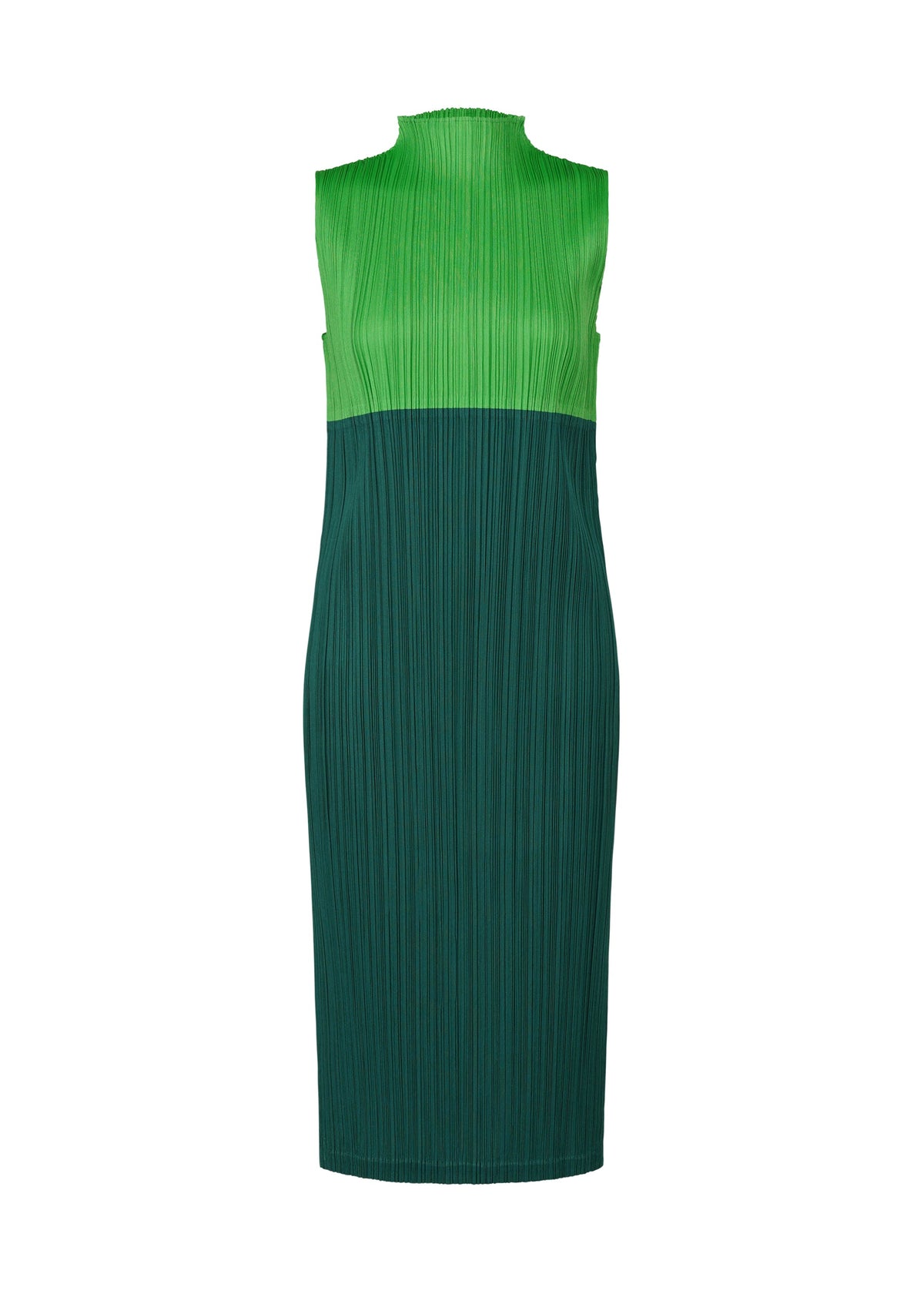 The SWING dress by PLEATS PLEASE ISSEY MIYAKE is a sleeveless, knee-length piece featuring a high neckline and a striking two-tone bright and dark green pleated design in a straight, fitted silhouette for versatile styling. view 2 of 12