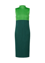 The SWING dress by PLEATS PLEASE ISSEY MIYAKE is a sleeveless, knee-length piece featuring a high neckline and a striking two-tone bright and dark green pleated design in a straight, fitted silhouette for versatile styling. - GREEN （no.62）