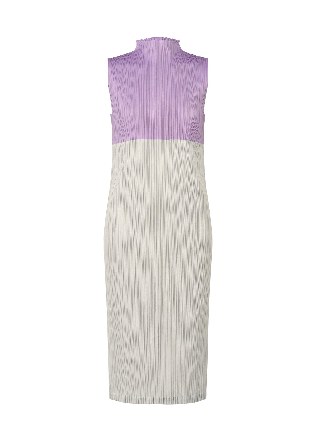 SWING by PLEATS PLEASE ISSEY MIYAKE is a sleeveless, knee-length dress featuring a fitted silhouette and ribbed texture. Its two-tone design combines a light purple top with an off-white bottom for versatile styling. view 3 of 12