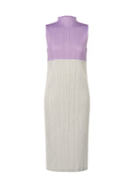 SWING by PLEATS PLEASE ISSEY MIYAKE is a sleeveless, knee-length dress featuring a fitted silhouette and ribbed texture. Its two-tone design combines a light purple top with an off-white bottom for versatile styling. - LIGHT PURPLE （no.80）