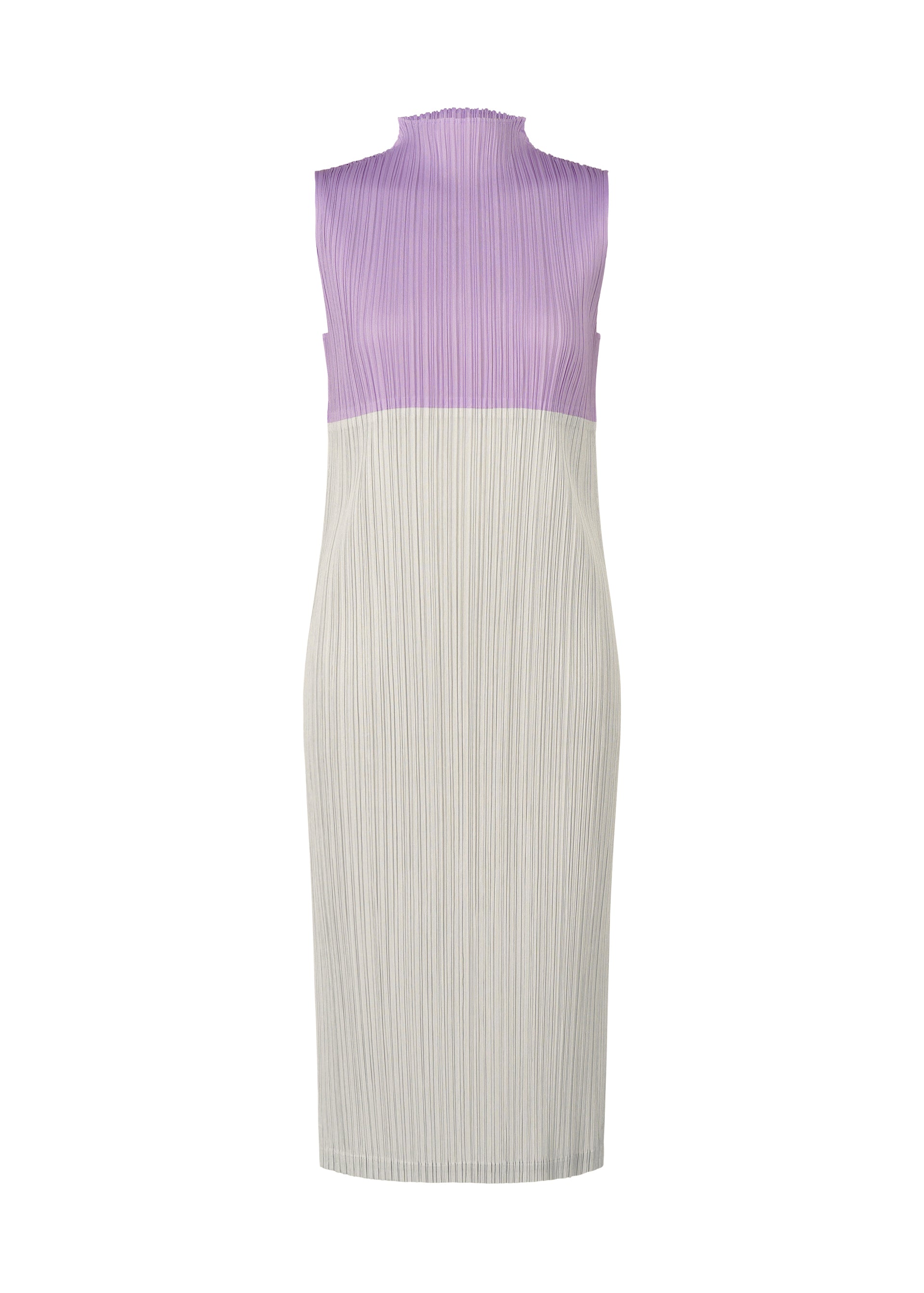 Zoomed view SWING by PLEATS PLEASE ISSEY MIYAKE is a sleeveless, knee-length dress featuring a fitted silhouette and ribbed texture. Its two-tone design combines a light purple top with an off-white bottom for versatile styling. - LIGHT PURPLE （no.80）