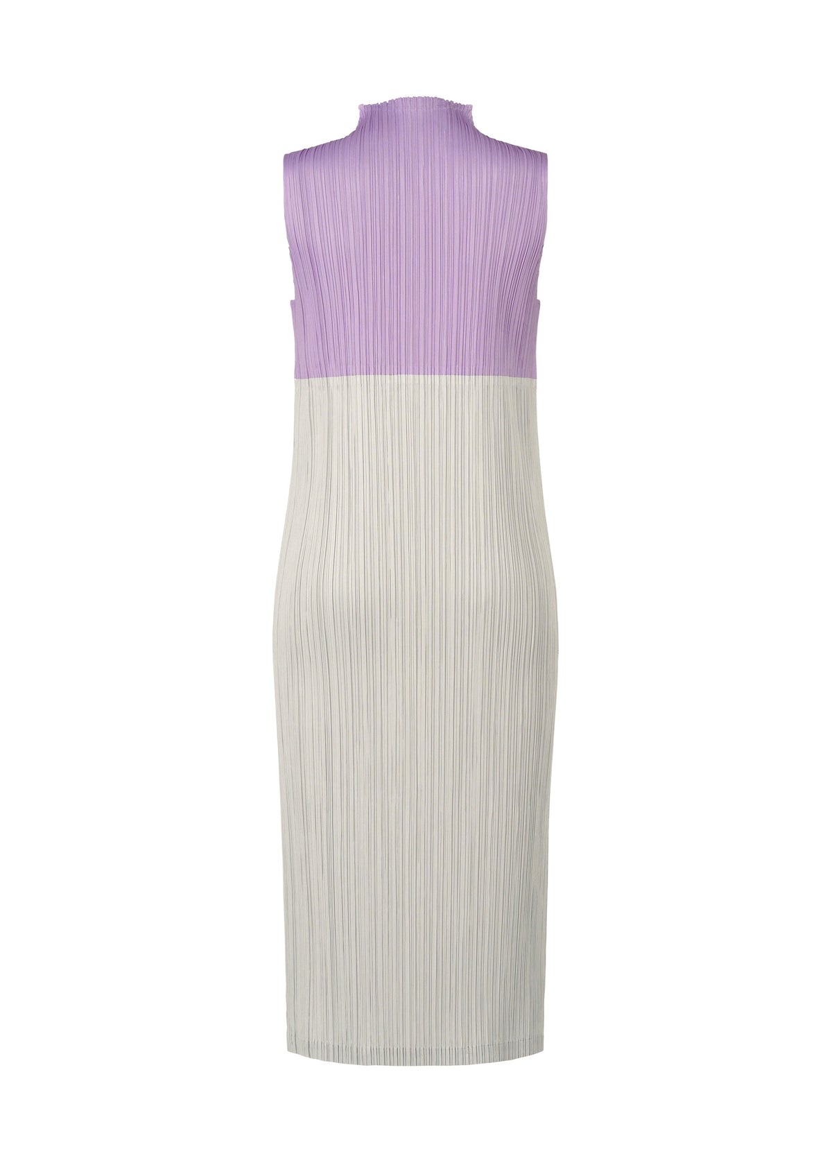 The SWING dress by PLEATS PLEASE ISSEY MIYAKE is a sleeveless, knee-length piece featuring a pleated texture and two-tone design—light purple top, off-white bottom, high neckline, and straight silhouette—shown from the back for versatile styling. view 4 of 12