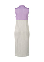 The SWING dress by PLEATS PLEASE ISSEY MIYAKE is a sleeveless, knee-length piece featuring a pleated texture and two-tone design—light purple top, off-white bottom, high neckline, and straight silhouette—shown from the back for versatile styling.