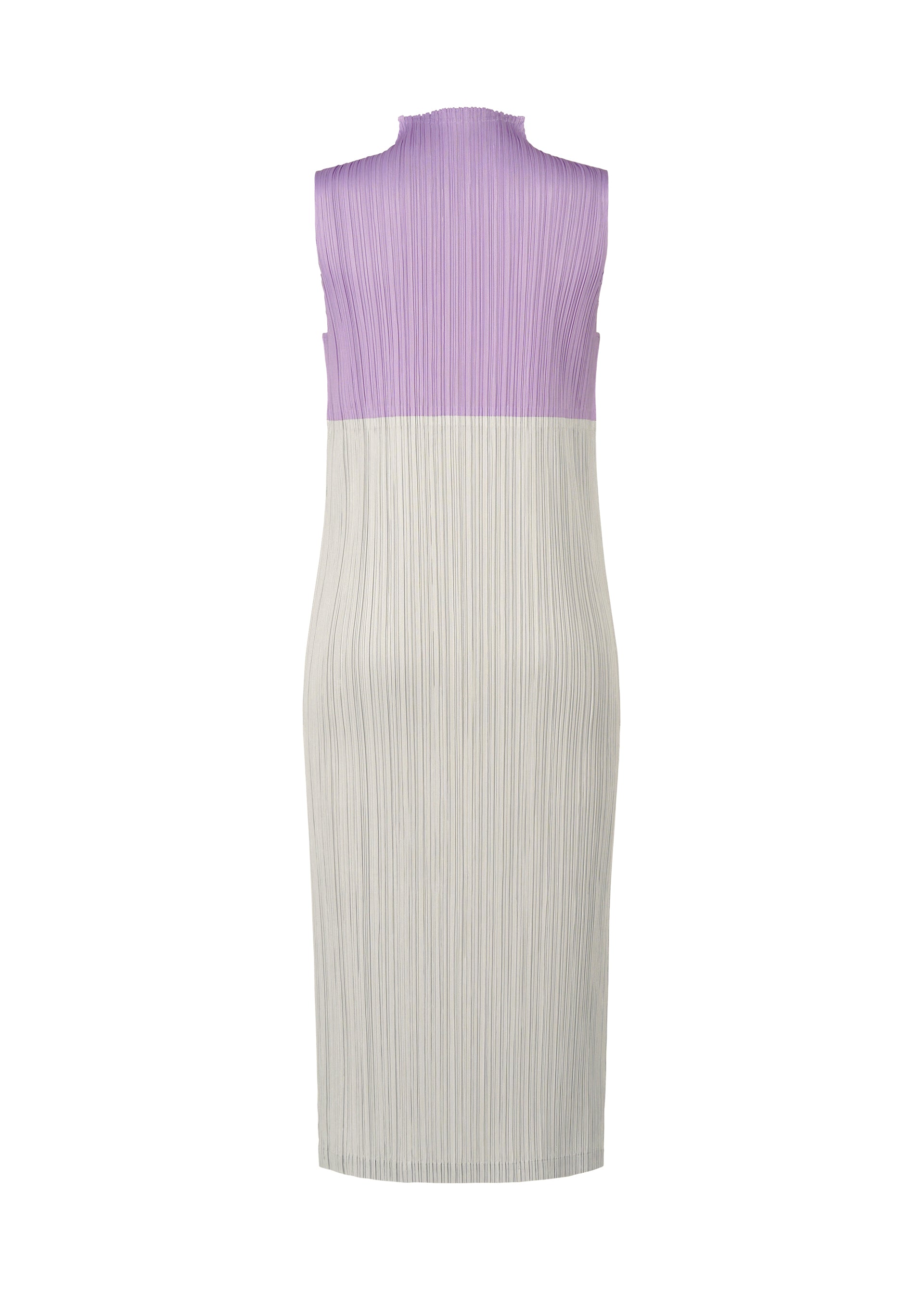 Zoomed view The SWING dress by PLEATS PLEASE ISSEY MIYAKE is a sleeveless, knee-length piece featuring a pleated texture and two-tone design—light purple top, off-white bottom, high neckline, and straight silhouette—shown from the back for versatile styling.
