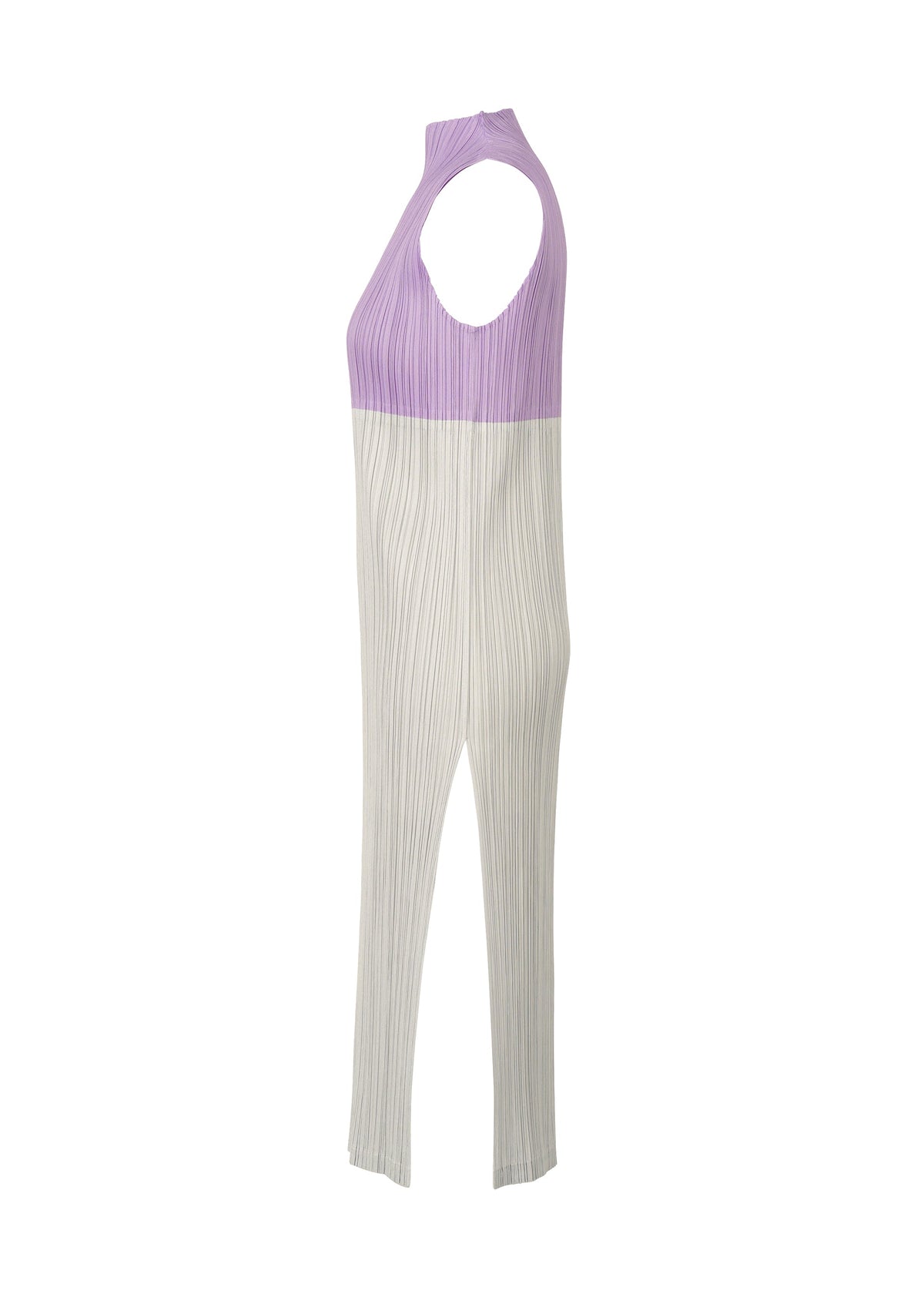 The SWING jumpsuit by PLEATS PLEASE ISSEY MIYAKE is sleeveless and ribbed, featuring a high neckline and two-tone design—light purple top with off-white bottom—shown from the side against a plain white background. view 5 of 12
