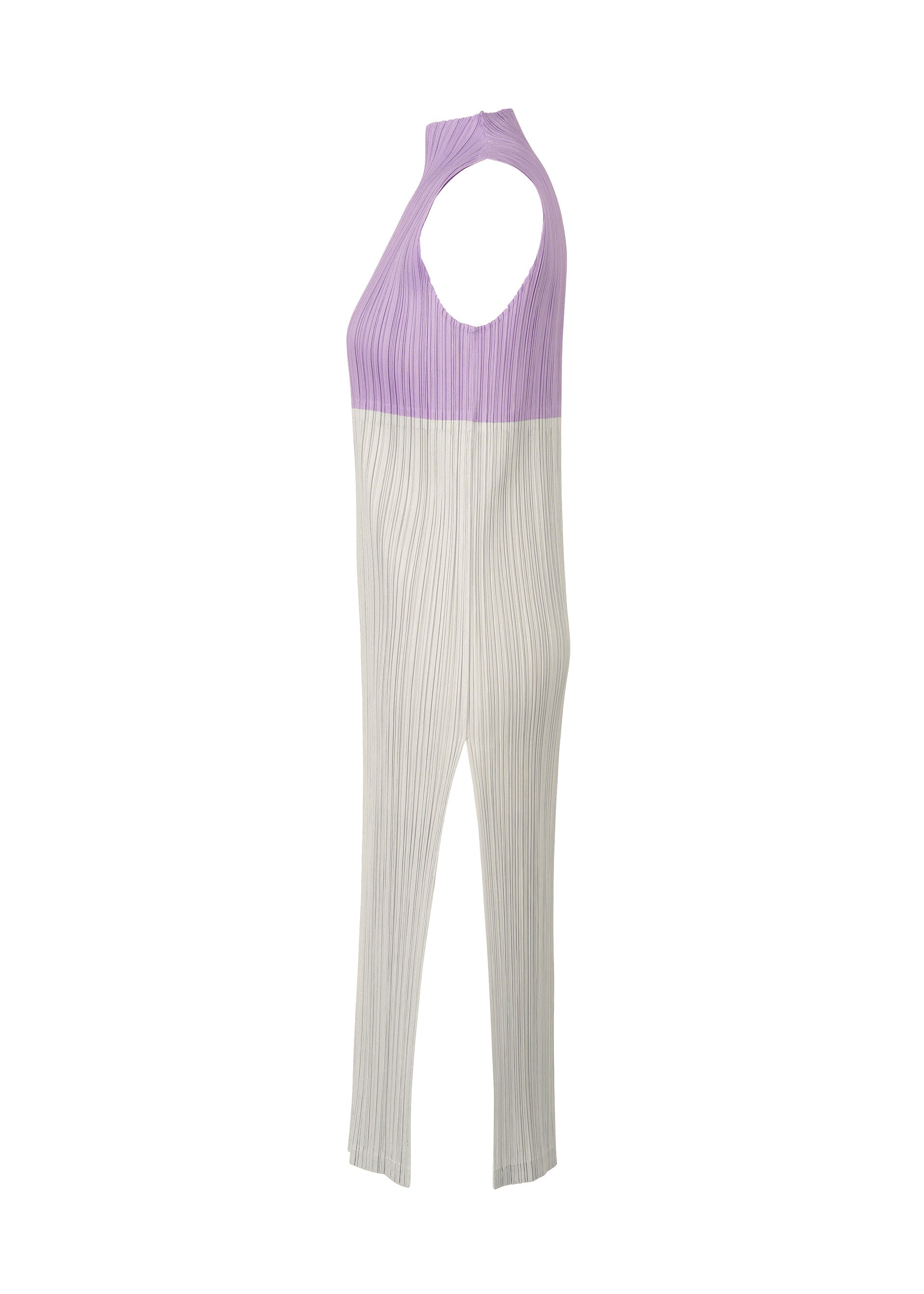 Zoomed view The SWING jumpsuit by PLEATS PLEASE ISSEY MIYAKE is sleeveless and ribbed, featuring a high neckline and two-tone design—light purple top with off-white bottom—shown from the side against a plain white background.