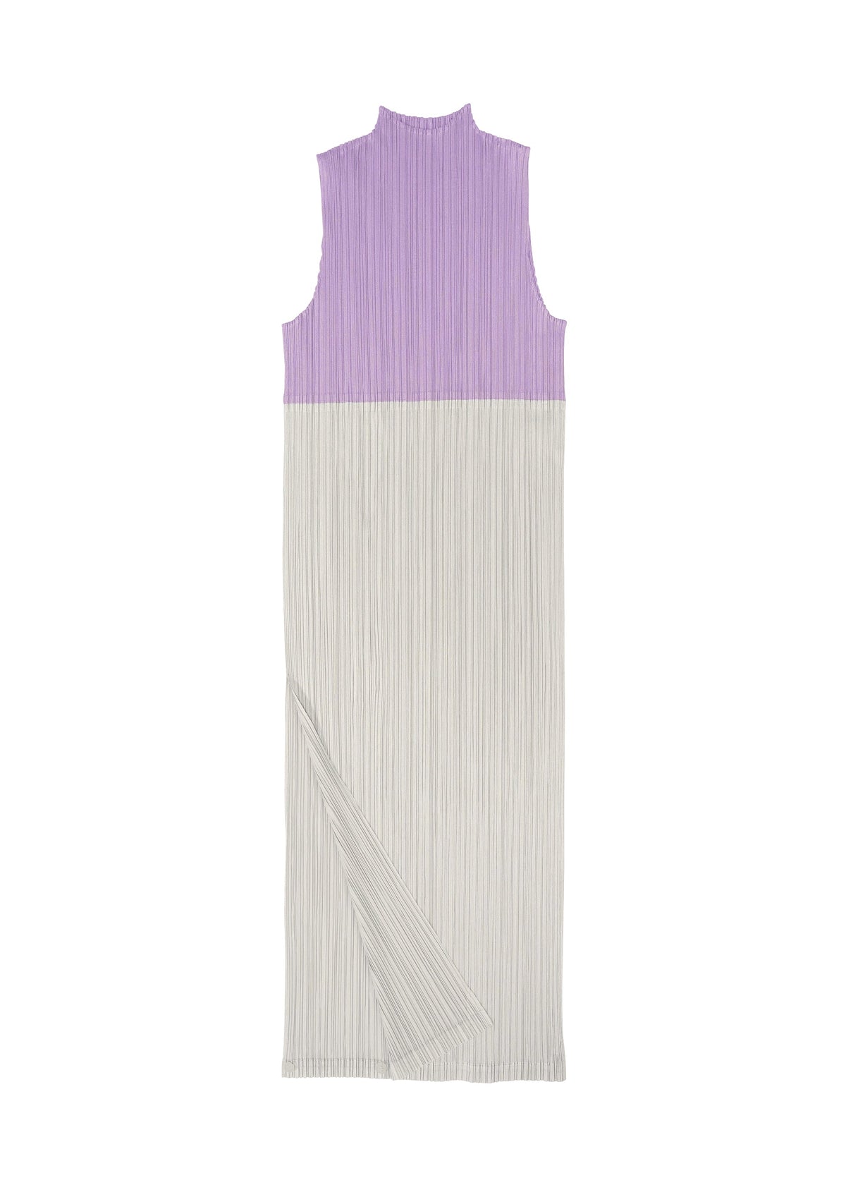 The SWING dress by PLEATS PLEASE ISSEY MIYAKE features a high neck, sleeveless design, and two-tone look with a light purple top and pleated light gray asymmetrical skirt—versatile for casual or elegant settings. view 6 of 12