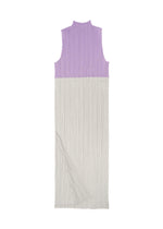 The SWING dress by PLEATS PLEASE ISSEY MIYAKE features a high neck, sleeveless design, and two-tone look with a light purple top and pleated light gray asymmetrical skirt—versatile for casual or elegant settings.