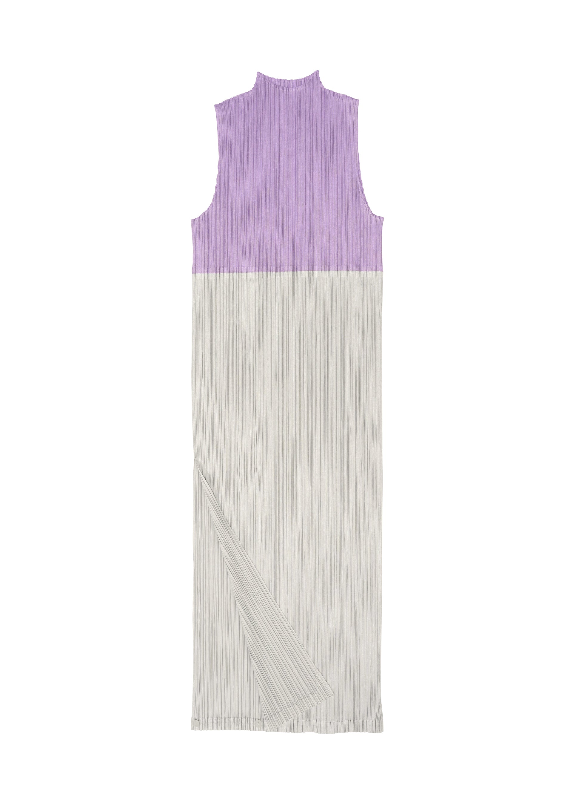 Zoomed view The SWING dress by PLEATS PLEASE ISSEY MIYAKE features a high neck, sleeveless design, and two-tone look with a light purple top and pleated light gray asymmetrical skirt—versatile for casual or elegant settings.