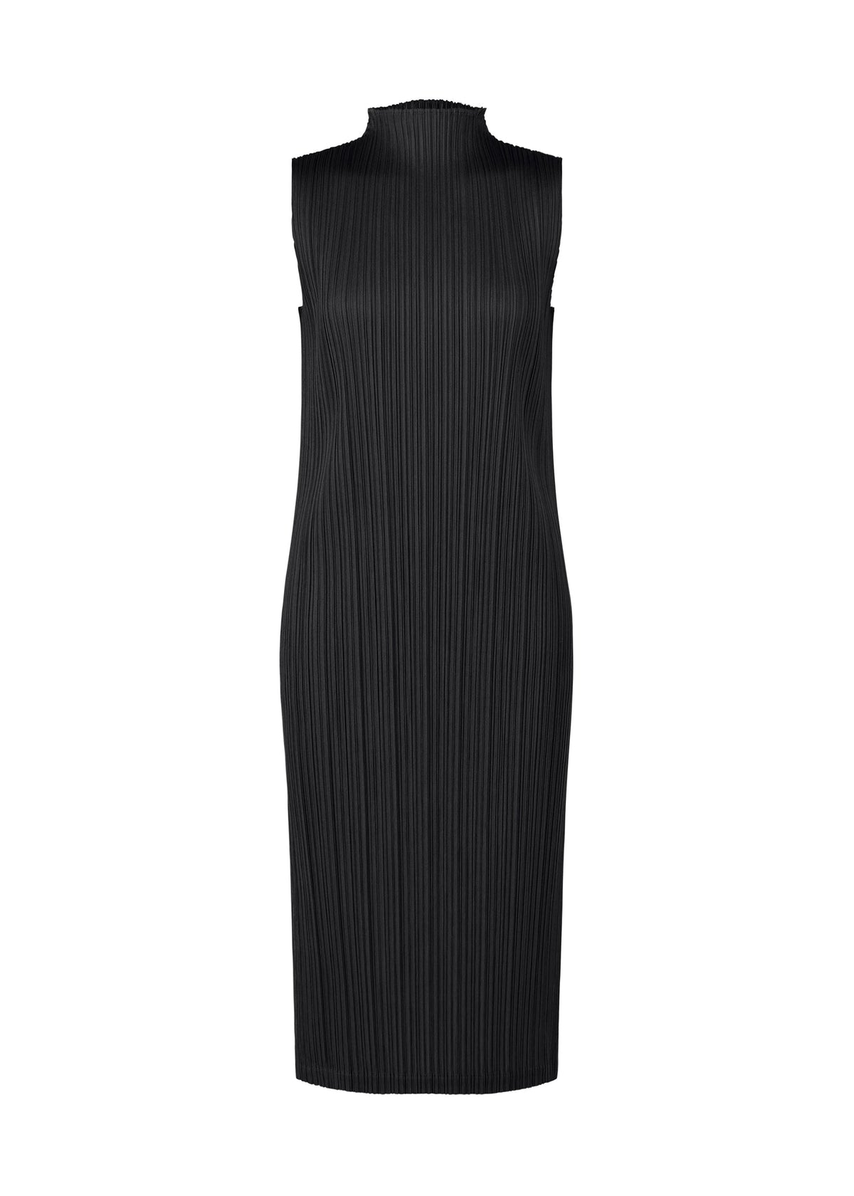 The SWING SOLID by PLEATS PLEASE ISSEY MIYAKE is a sleeveless, knee-length black dress with a high neckline and vertical pleats, shown against a white background. view 1 of 6