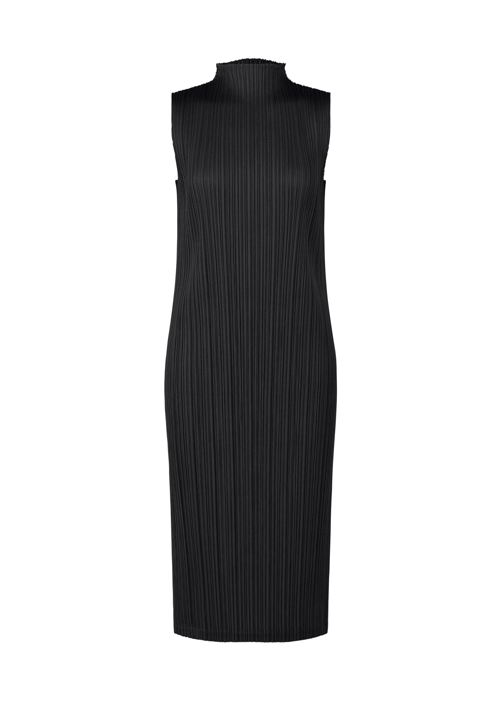 Zoomed view The SWING SOLID by PLEATS PLEASE ISSEY MIYAKE is a sleeveless, knee-length black dress with a high neckline and vertical pleats, shown against a white background. - BLACK （no.15）