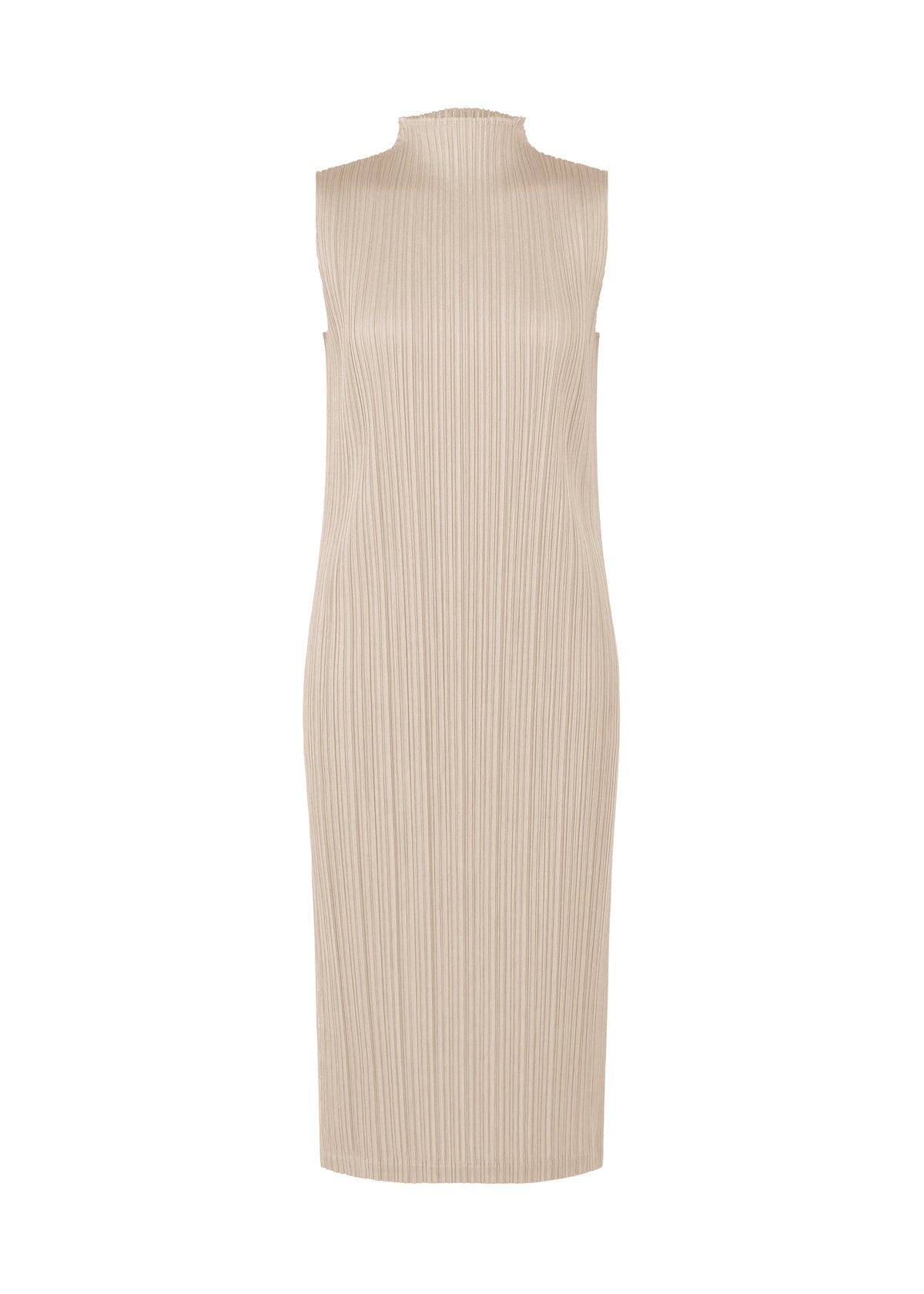 The SWING SOLID by PLEATS PLEASE ISSEY MIYAKE is a sleeveless beige ribbed knit midi dress with a mock neck and fitted silhouette, shown on a plain white background for versatile styling. view 2 of 6