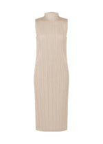 The SWING SOLID by PLEATS PLEASE ISSEY MIYAKE is a sleeveless beige ribbed knit midi dress with a mock neck and fitted silhouette, shown on a plain white background for versatile styling. - GREIGE （no.42）