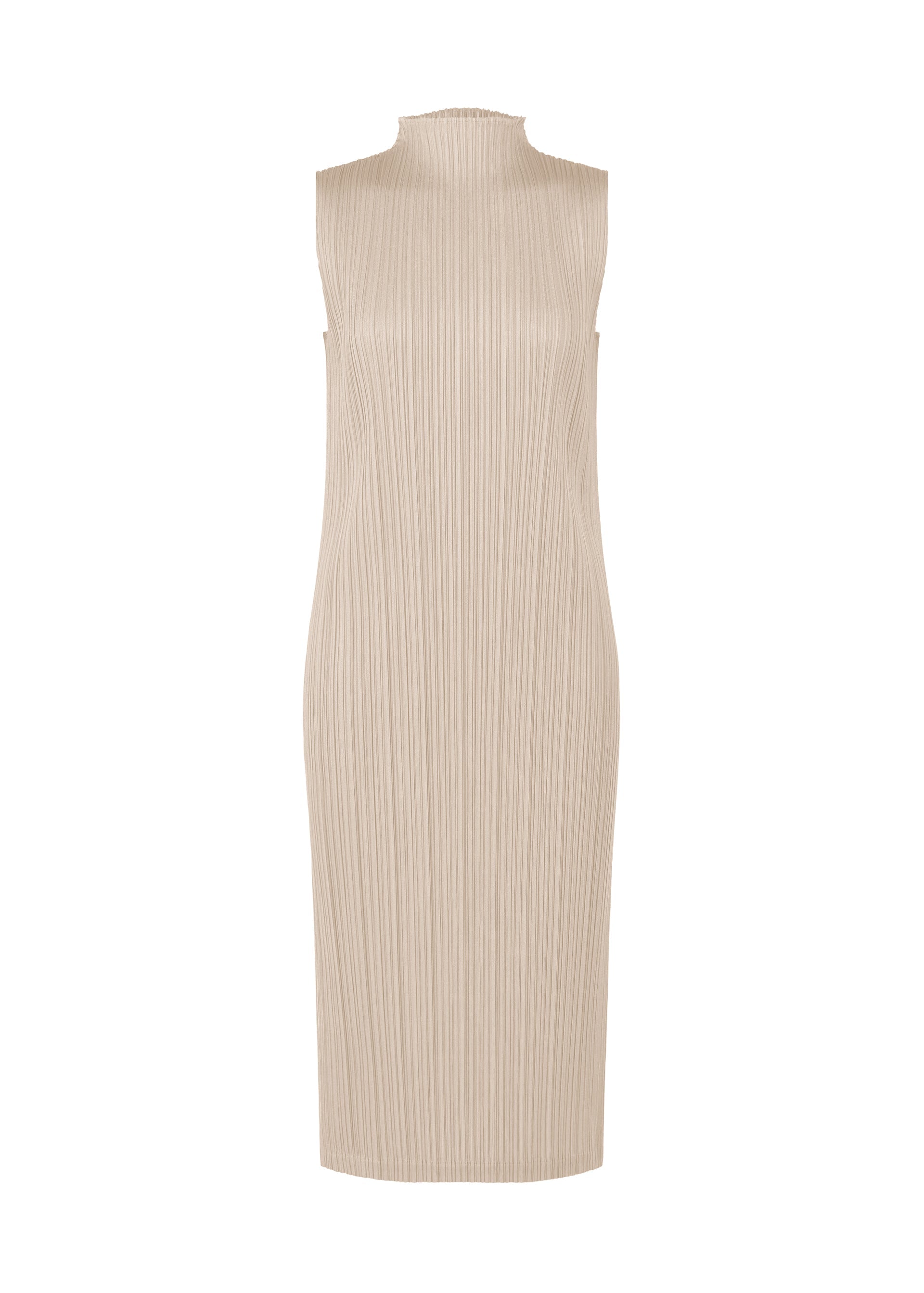 Zoomed view The SWING SOLID by PLEATS PLEASE ISSEY MIYAKE is a sleeveless beige ribbed knit midi dress with a mock neck and fitted silhouette, shown on a plain white background for versatile styling. - GREIGE （no.42）