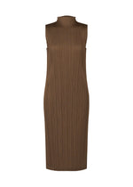 The SWING SOLID dress by PLEATS PLEASE ISSEY MIYAKE is a sleeveless, knee-length brown ribbed piece with a high neckline and straight silhouette—ideal for layering as a tunic, shown against a white background. - BROWN （no.44）