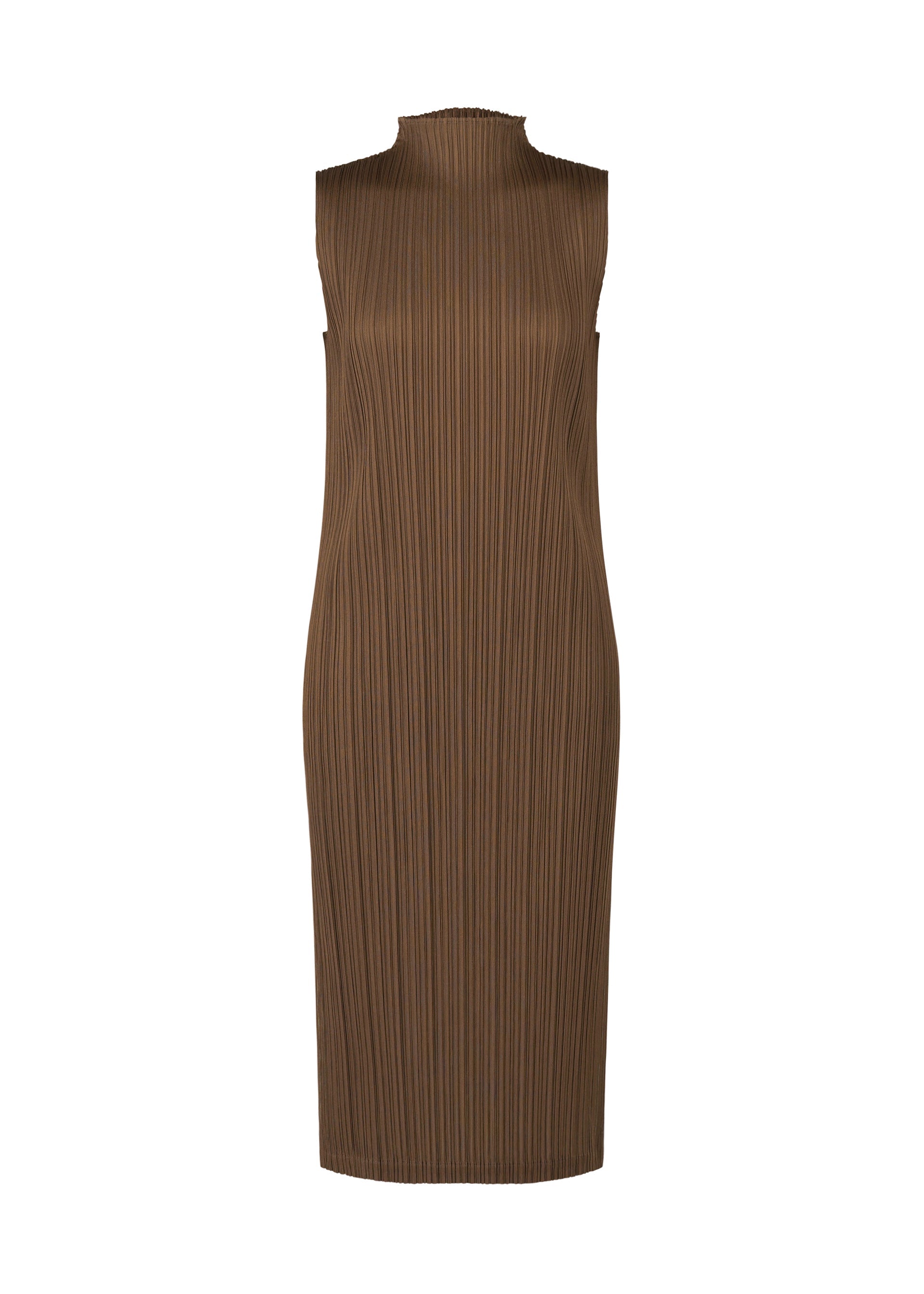 Zoomed view The SWING SOLID dress by PLEATS PLEASE ISSEY MIYAKE is a sleeveless, knee-length brown ribbed piece with a high neckline and straight silhouette—ideal for layering as a tunic, shown against a white background. - BROWN （no.44）