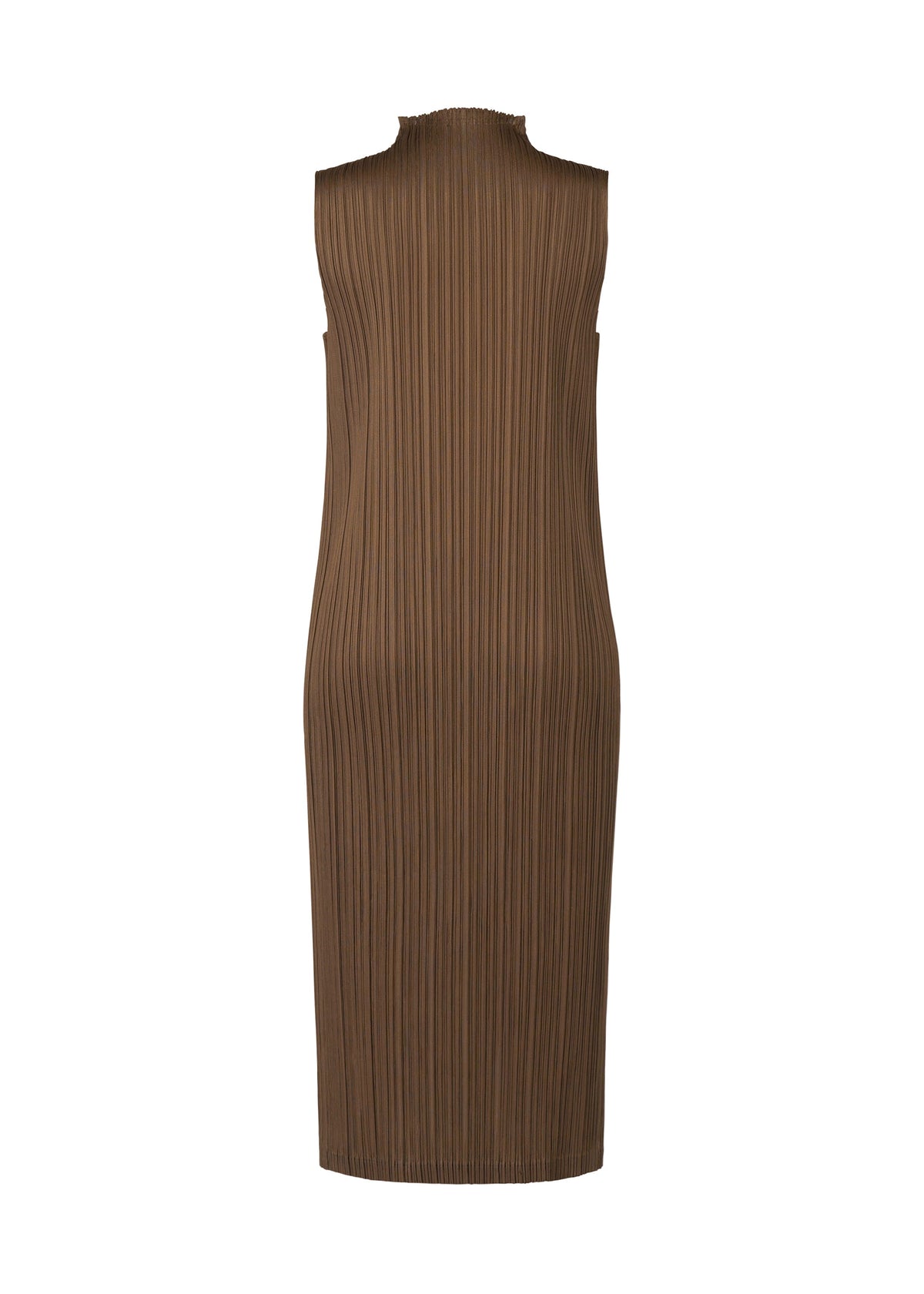 The SWING SOLID by PLEATS PLEASE ISSEY MIYAKE is a brown, knee-length, high-neck sleeveless tunic with vertical pleats, shown from the back against a white background—ideal for versatile styling. view 4 of 6