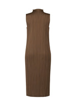 The SWING SOLID by PLEATS PLEASE ISSEY MIYAKE is a brown, knee-length, high-neck sleeveless tunic with vertical pleats, shown from the back against a white background—ideal for versatile styling.