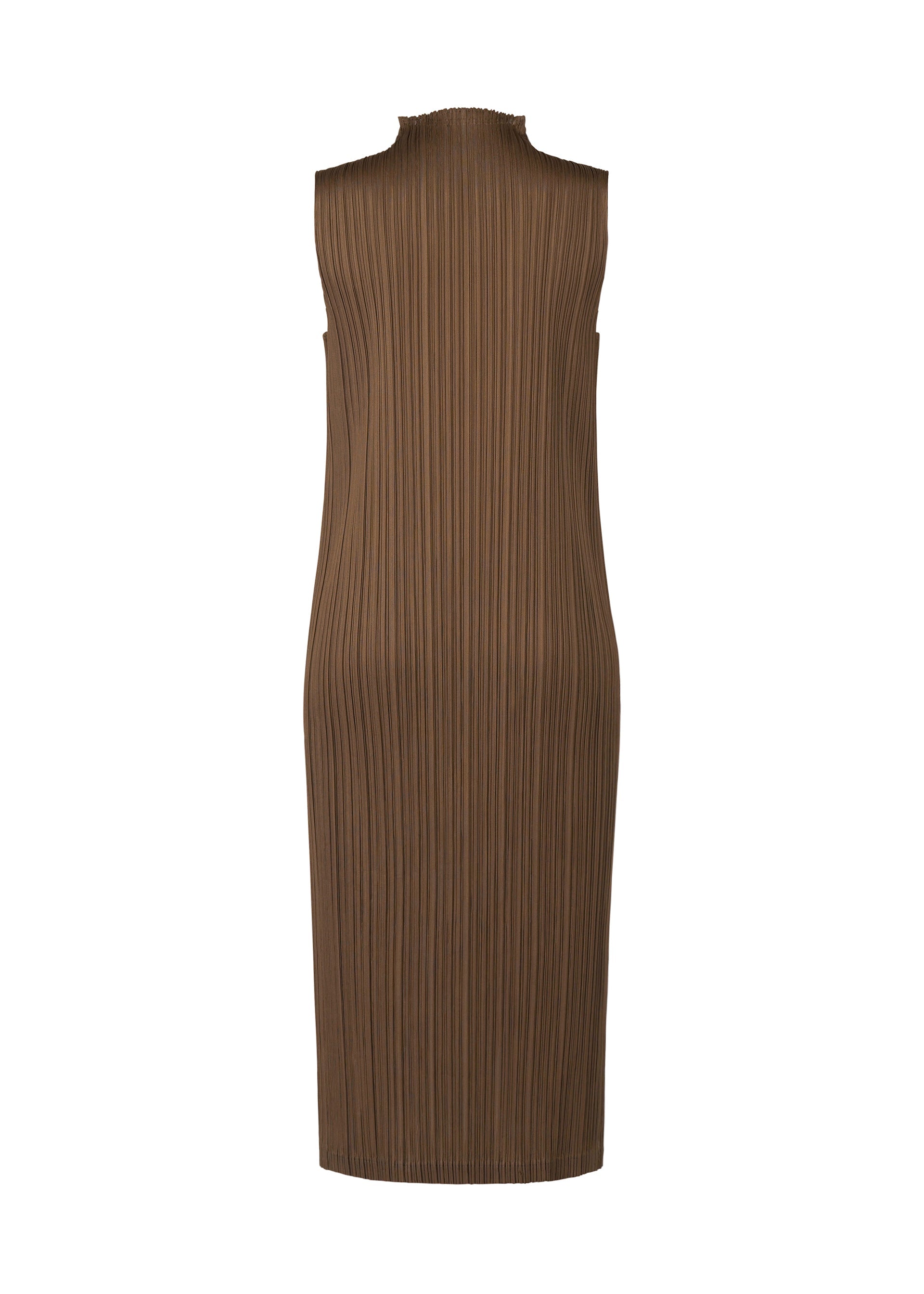 Zoomed view The SWING SOLID by PLEATS PLEASE ISSEY MIYAKE is a brown, knee-length, high-neck sleeveless tunic with vertical pleats, shown from the back against a white background—ideal for versatile styling.