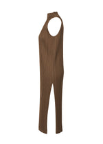Side view of the SWING SOLID sleeveless ribbed brown jumpsuit by PLEATS PLEASE ISSEY MIYAKE, featuring a high neckline and straight-leg pants, displayed on a plain white background for versatile styling.
