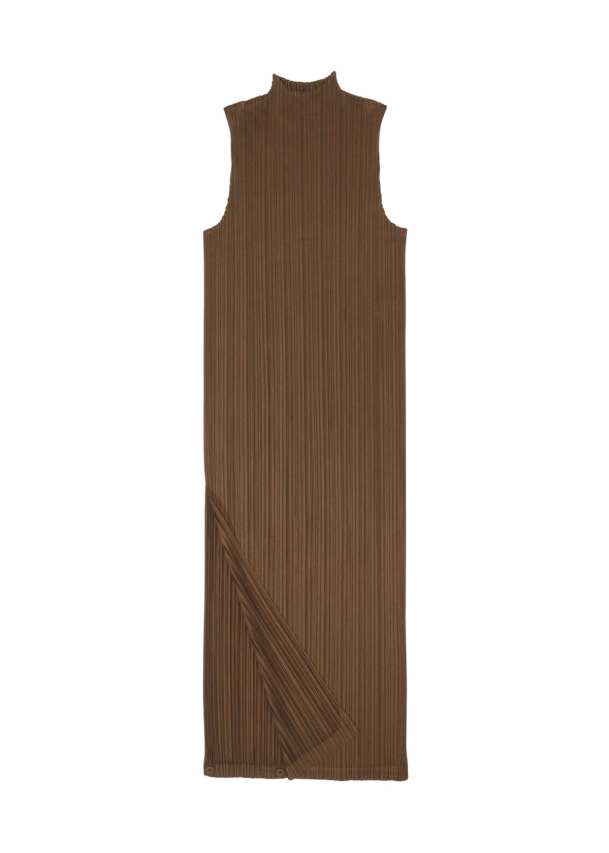 The SWING SOLID by PLEATS PLEASE ISSEY MIYAKE is a sleeveless, ankle-length brown ribbed dress with a high neckline, subtle slit near the hem, and versatile styling options, shown laid flat on a white background. view 6 of 6