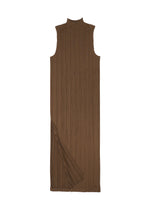 The SWING SOLID by PLEATS PLEASE ISSEY MIYAKE is a sleeveless, ankle-length brown ribbed dress with a high neckline, subtle slit near the hem, and versatile styling options, shown laid flat on a white background.