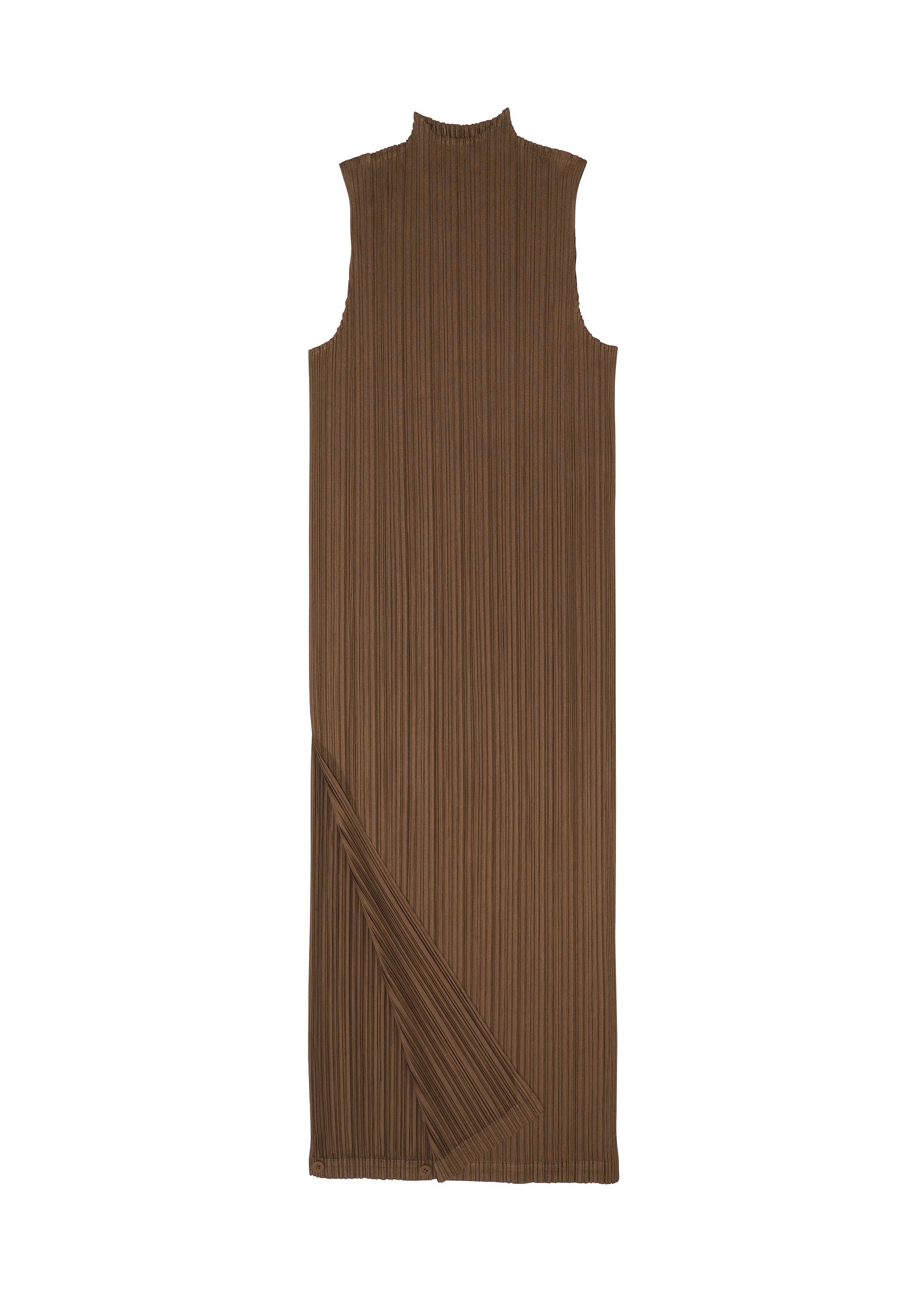 Zoomed view The SWING SOLID by PLEATS PLEASE ISSEY MIYAKE is a sleeveless, ankle-length brown ribbed dress with a high neckline, subtle slit near the hem, and versatile styling options, shown laid flat on a white background.