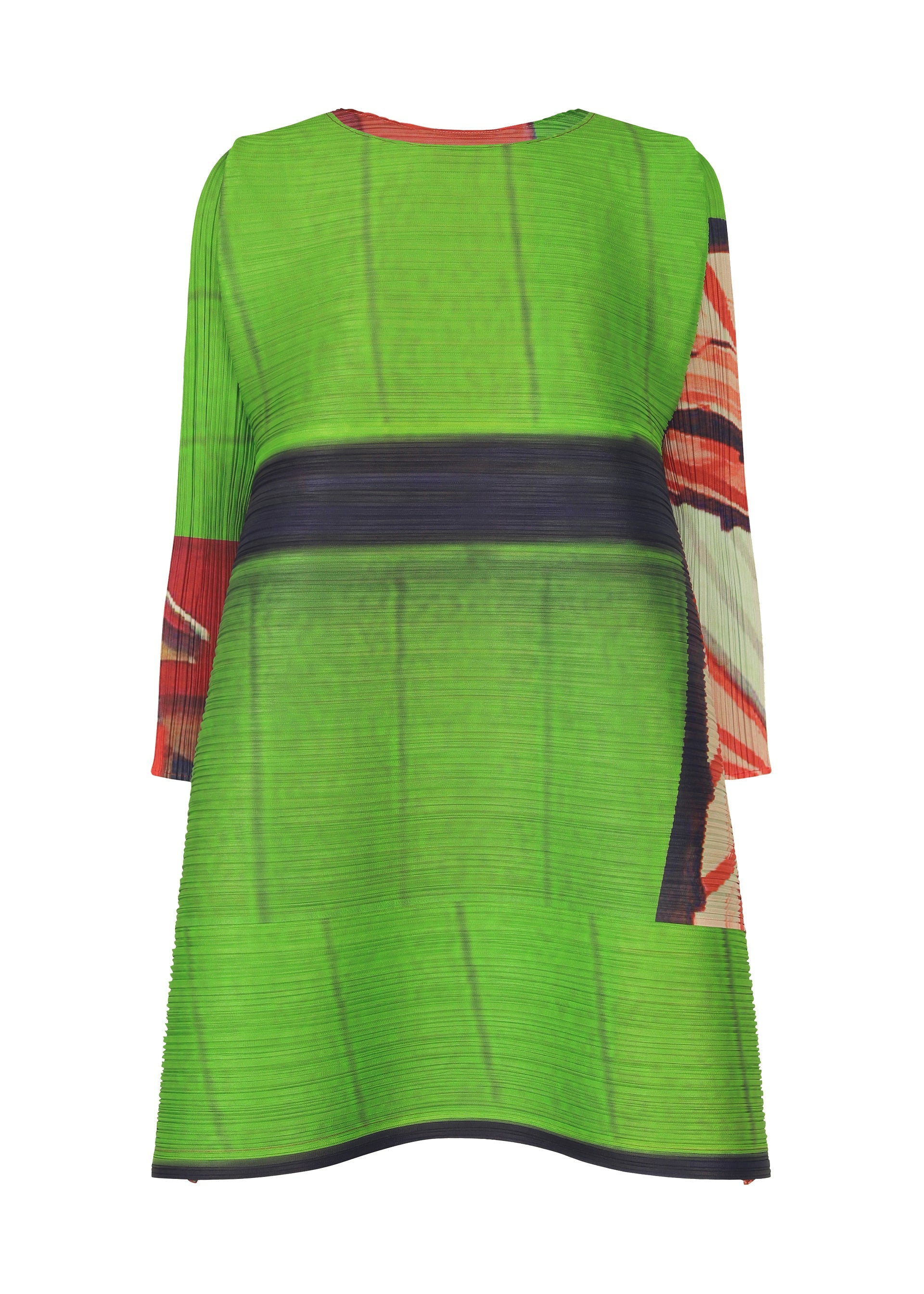 Zoomed view The CITY COLLAGE dress by PLEATS PLEASE ISSEY MIYAKE is a green pleated tunic with long sleeves, a wide dark waist stripe, and abstract red, black, and cream patterns on the side and sleeve, shown against a white background. - RED×GREEN （no.08）