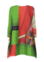 The CITY COLLAGE tunic by PLEATS PLEASE ISSEY MIYAKE features pleated texture, long sleeves, a round neck, and an abstract green, red, black, and pink pattern, shown on a white background.