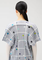 A person with long black hair in a low ponytail, seen from behind, wears the CROSSING DOTS tunic by PLEATS PLEASE ISSEY MIYAKE, featuring a round neck and light gray plaid with dots in blue, green, yellow, and black on a plain light background.