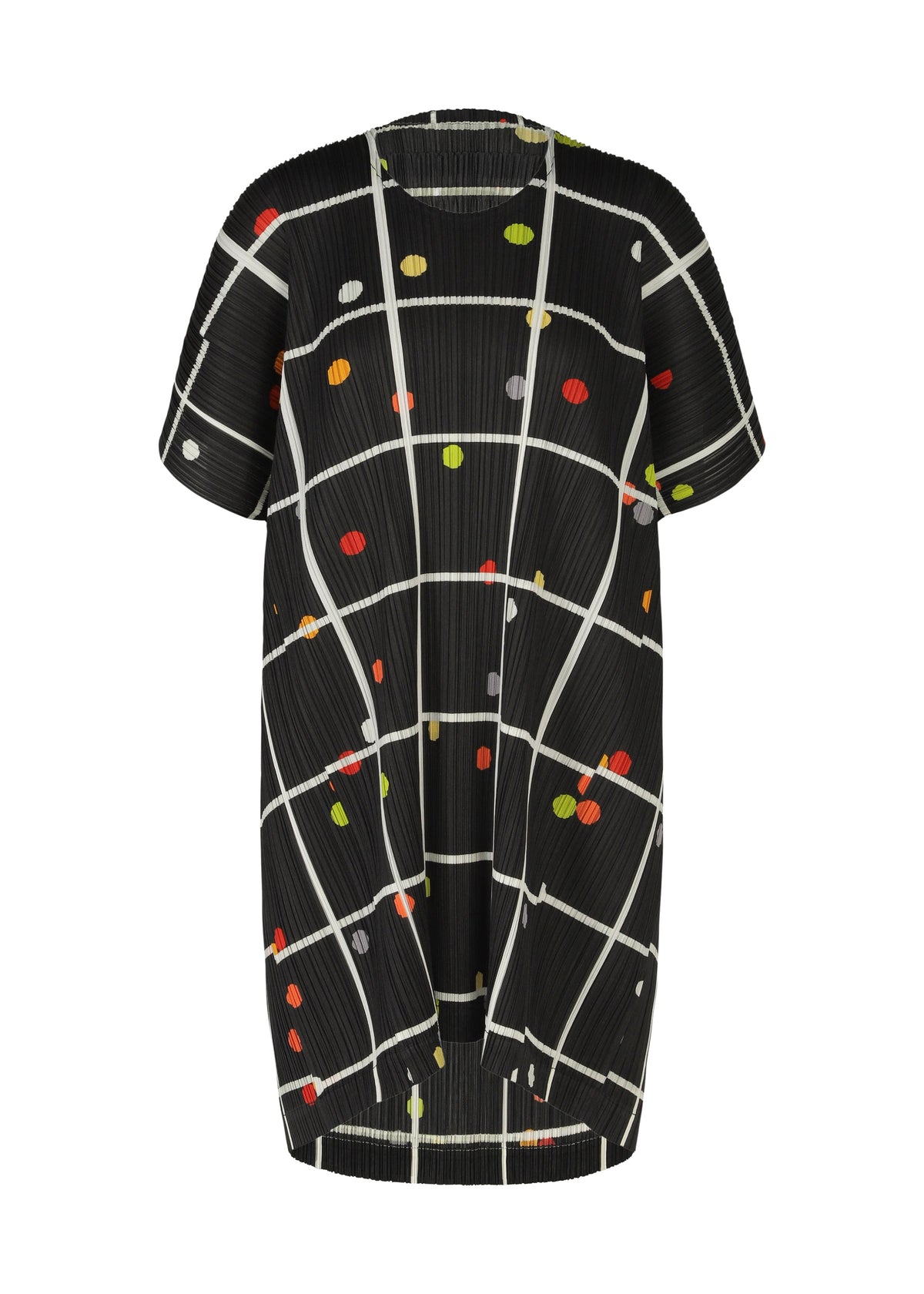 The CROSSING DOTS tunic by PLEATS PLEASE ISSEY MIYAKE features a black short-sleeved, round-neck design with a white plaid and dots pattern accented in red, yellow, orange, and green. Its loose fit is ideal for casual wear. view 5 of 9